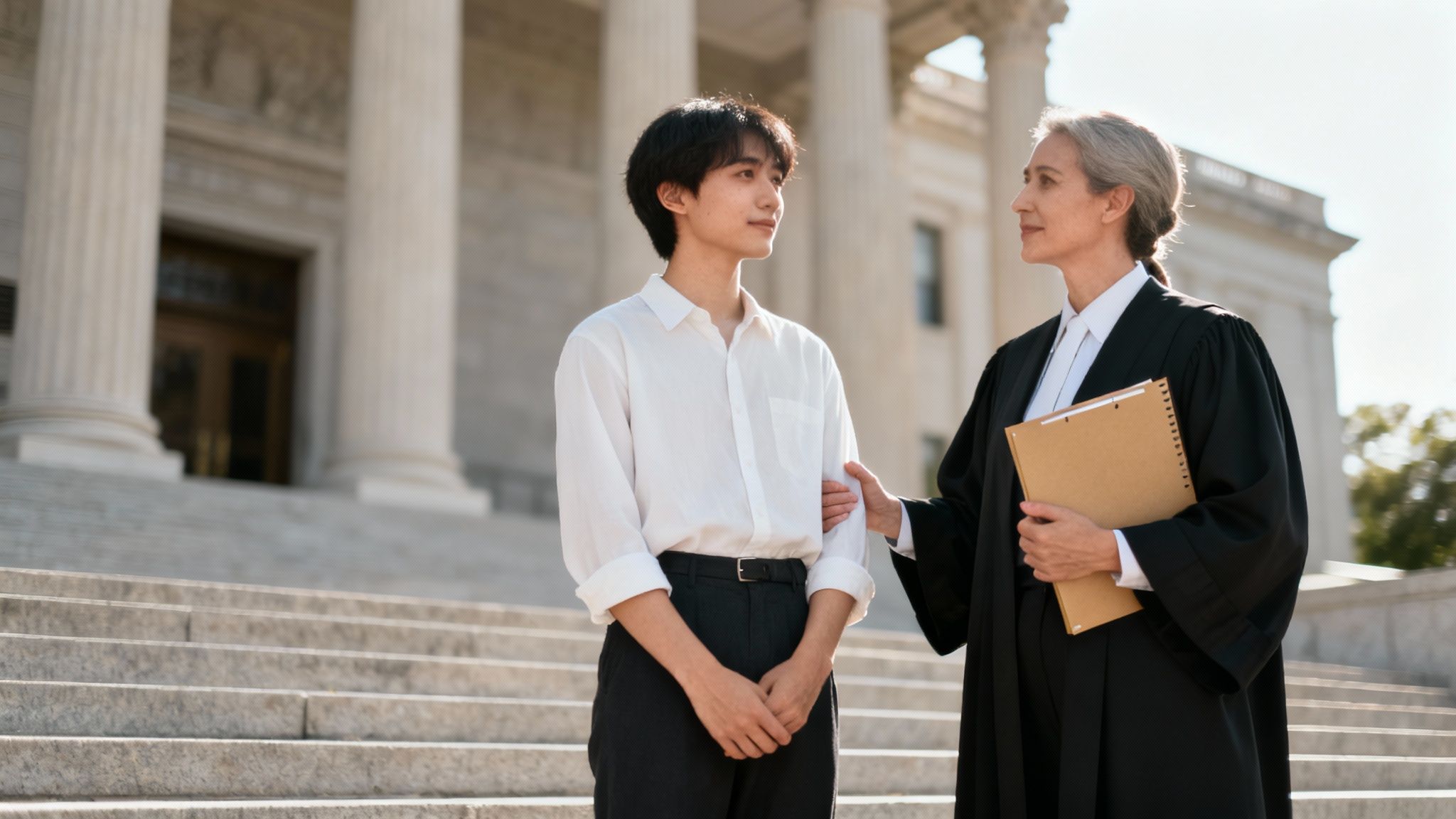 A lawyer in a black robe places a supportive hand on a young man's arm on courthouse steps.