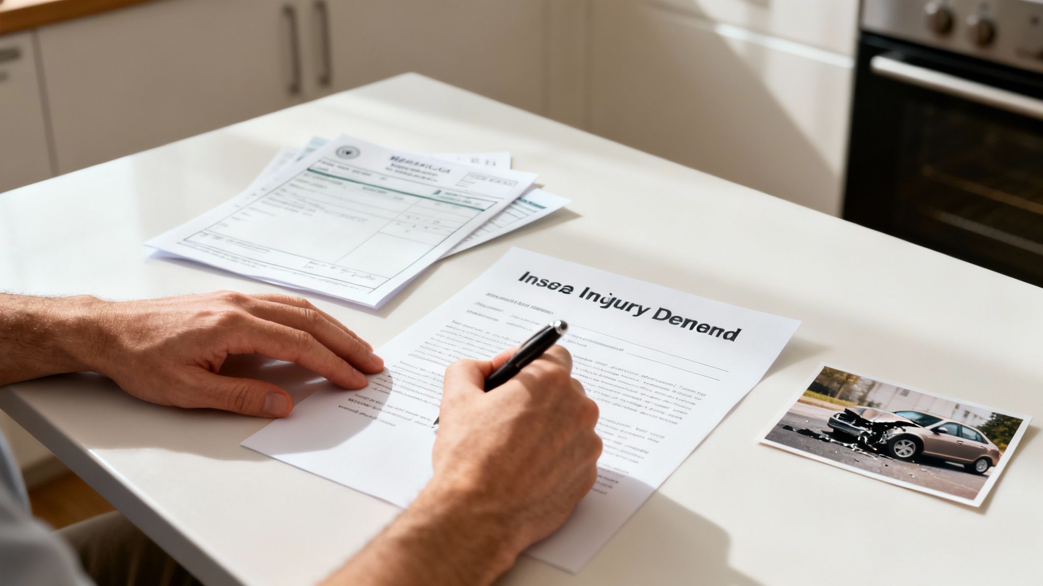 Person writing an injury demand letter with a photo of a crashed car on a white desk.