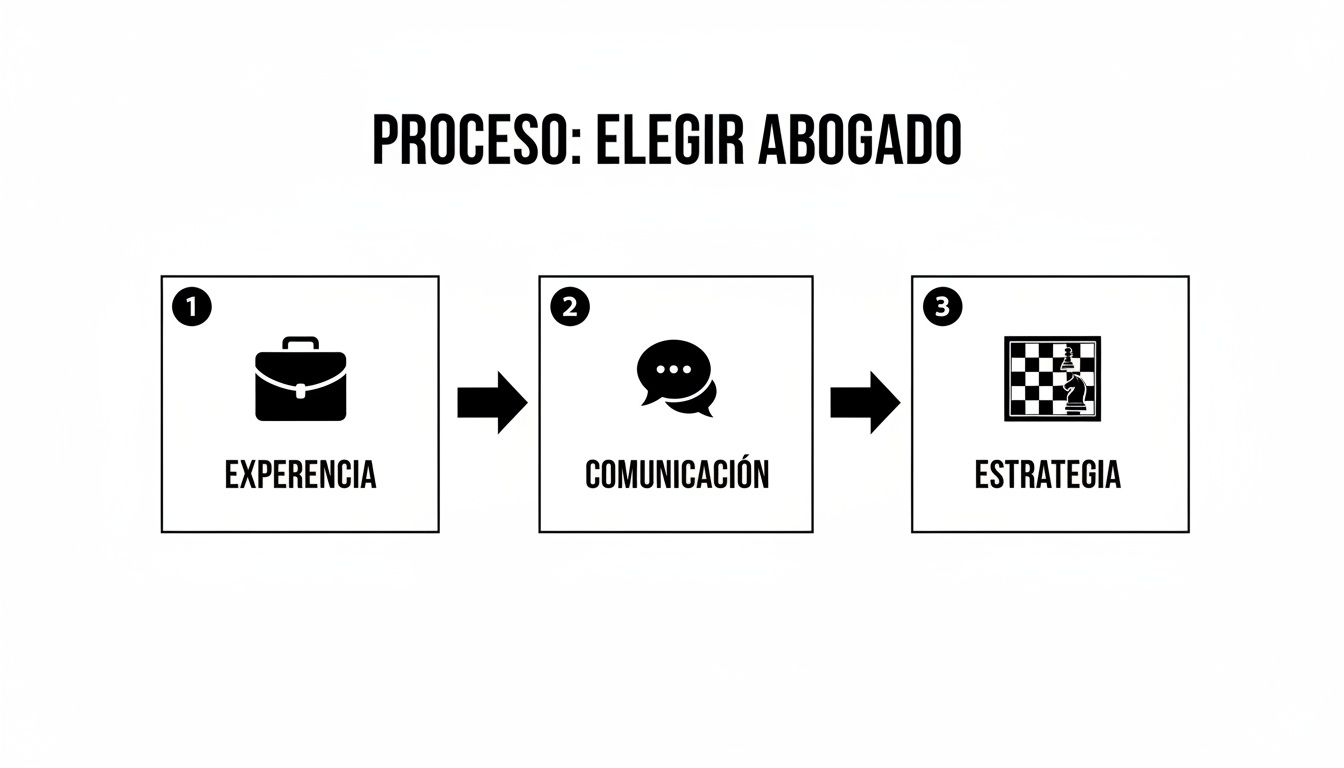 Diagrama de flujo que ilustra el proceso para elegir un abogado, destacando experiencia, comunicación y estrategia.