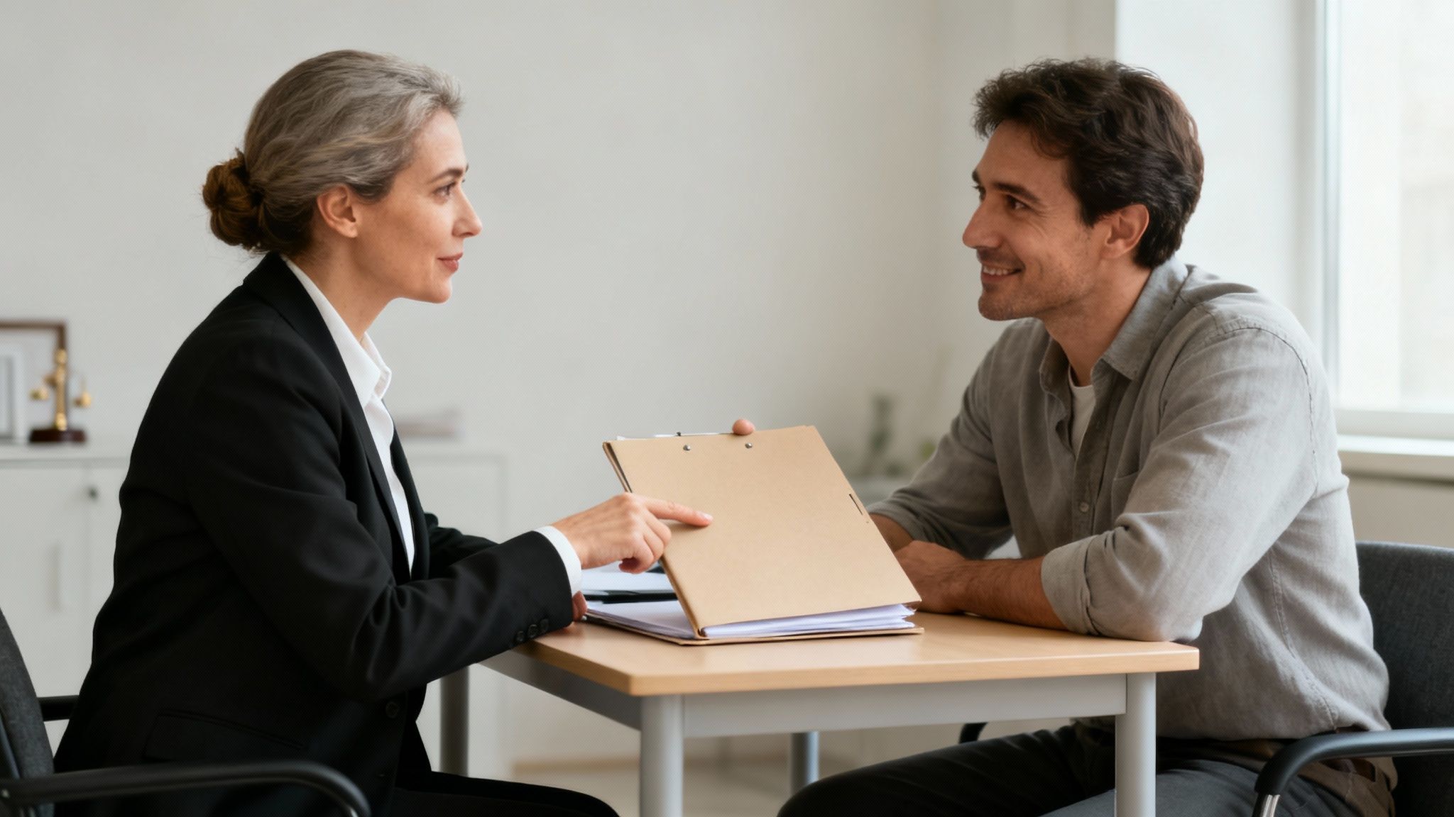 A legal professional in a suit discusses documents with a smiling male client at a table.