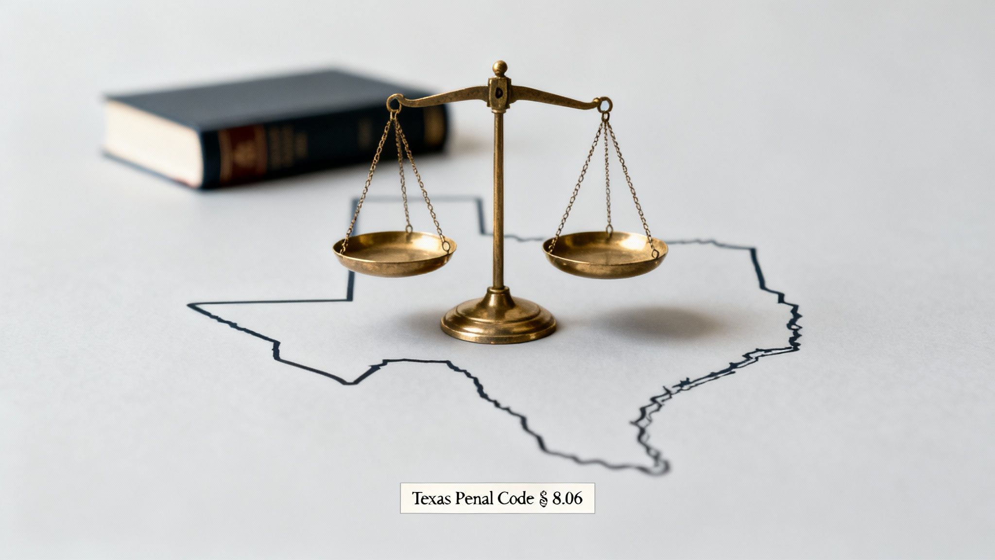 Scales of justice on a Texas map outline, with a law book in the background and 'Texas Penal Code § 8.06'.