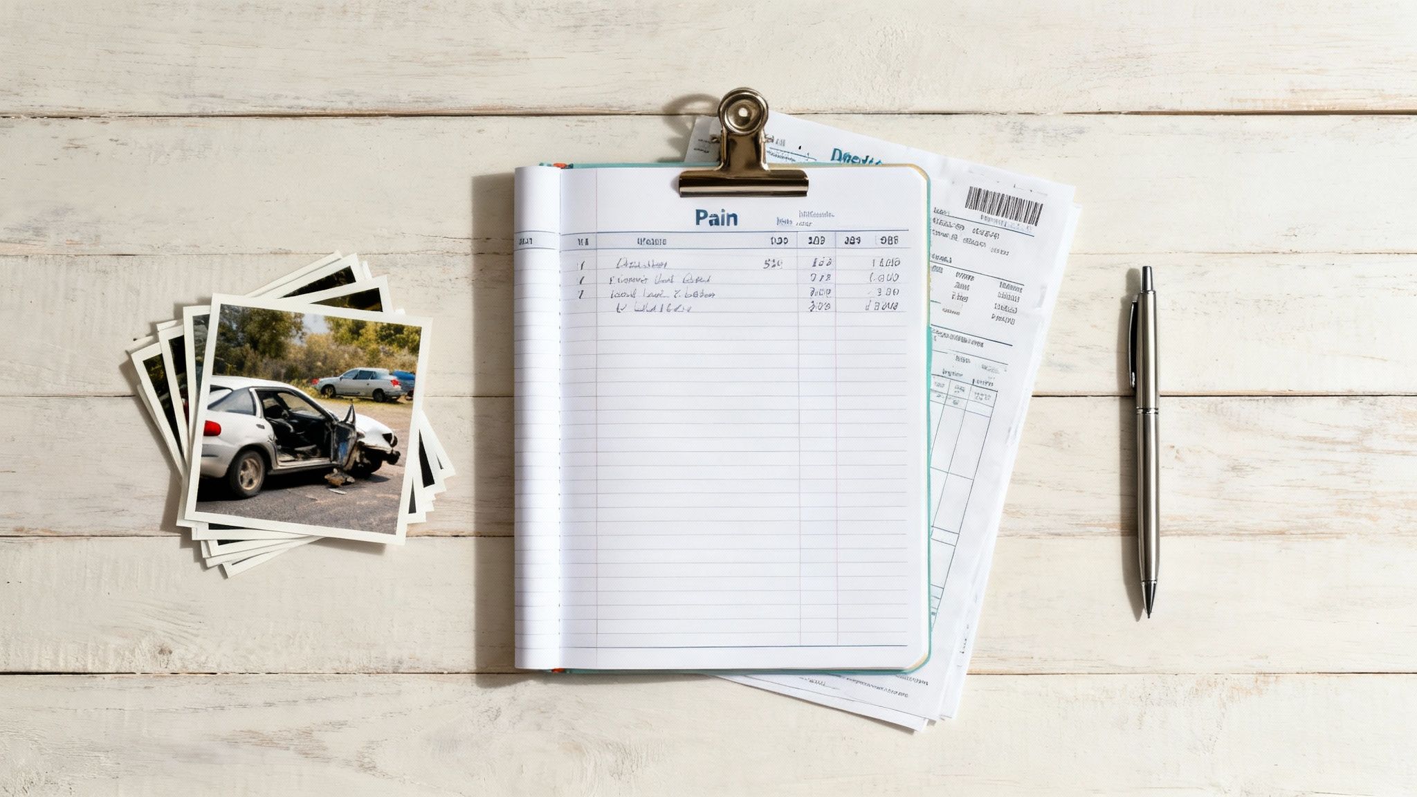 A person carefully organizing documents and receipts into a folder on a desk.