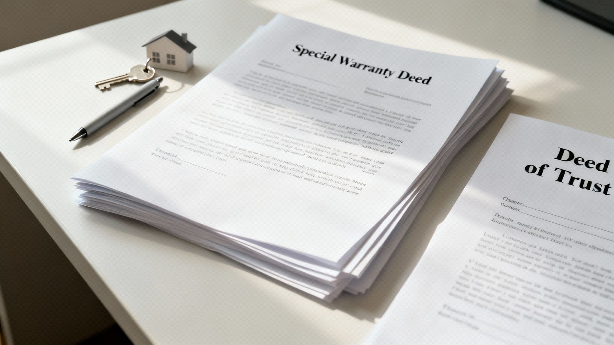 Special warranty deed and deed of trust documents with house keys and pen on desk