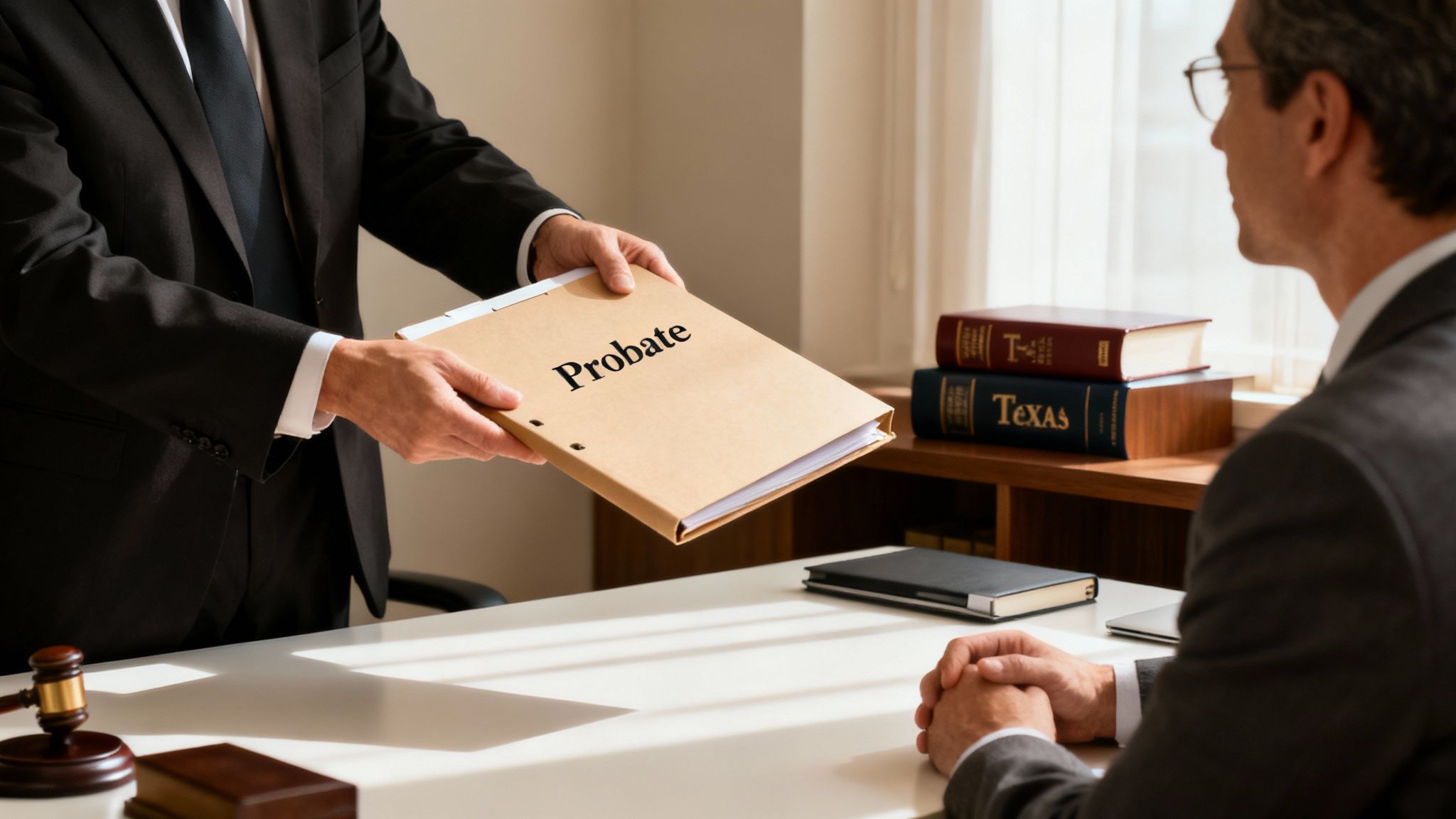 Lawyer hands a 'Probate' folder to a client or colleague in an office setting.