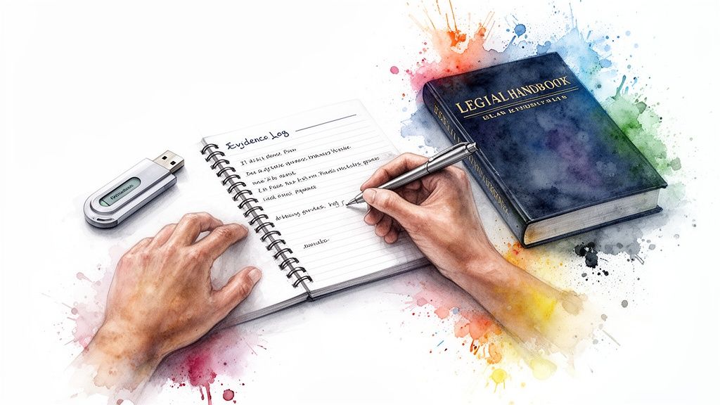 Hands writing in an evidence log notebook next to a USB drive and a legal handbook, symbolizing documentation and preparation for proving parental alienation in court.