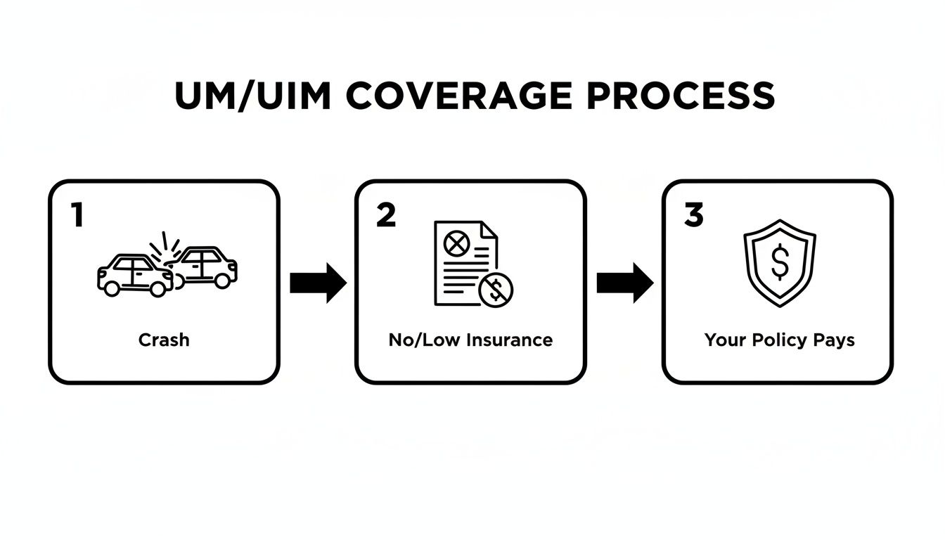 Diagram illustrating the three-step UM/UIM coverage process: crash, no/low insurance, and policy pays.