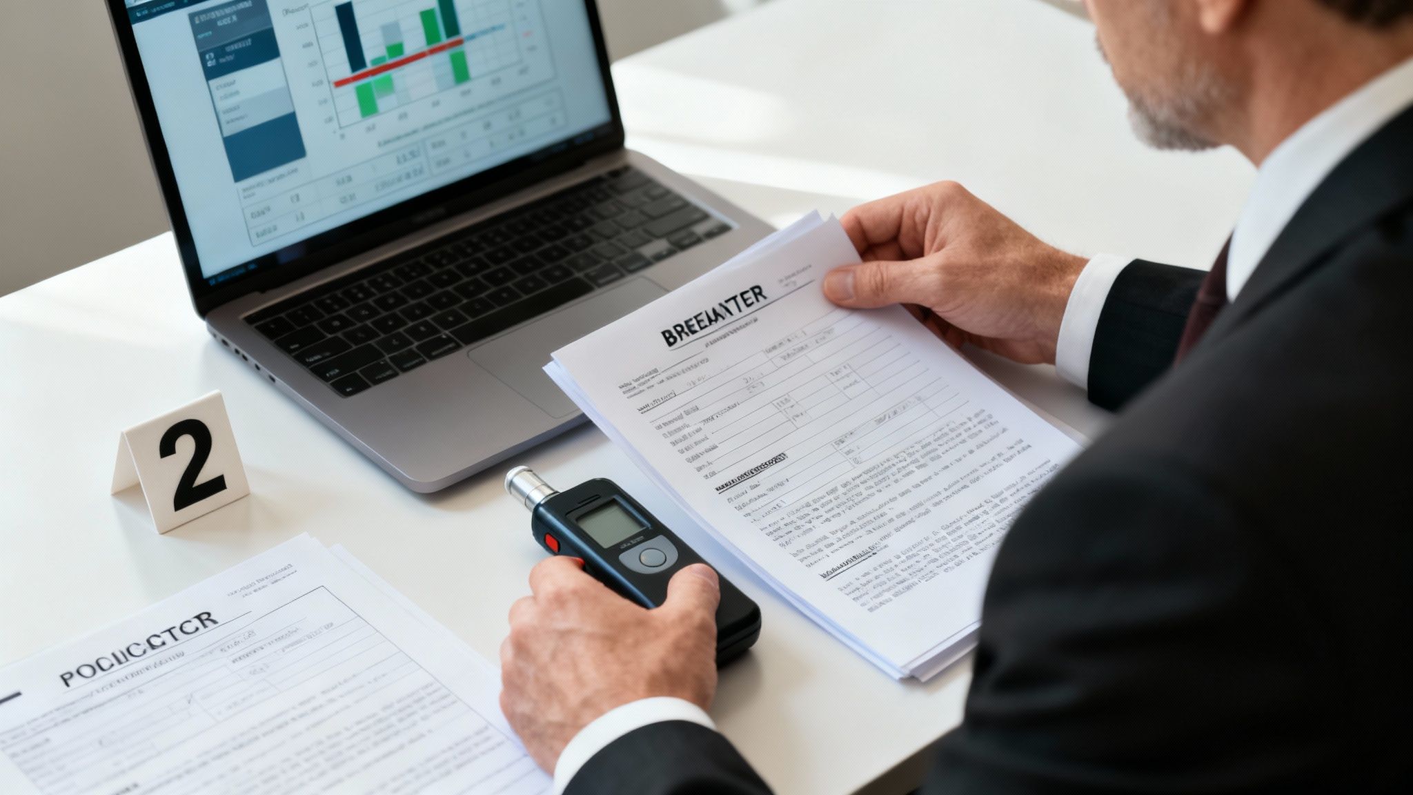 Businessman analyzing breathalyzer test results and legal documents related to DWI case, with a laptop displaying data charts in Texas legal context.