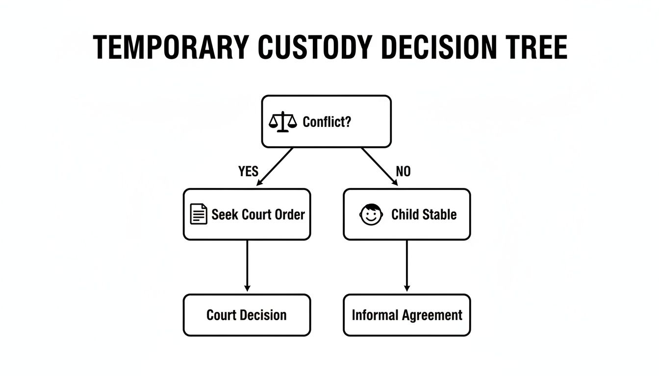 Flowchart illustrating the temporary custody decision tree based on conflict, leading to court orders or informal agreements.