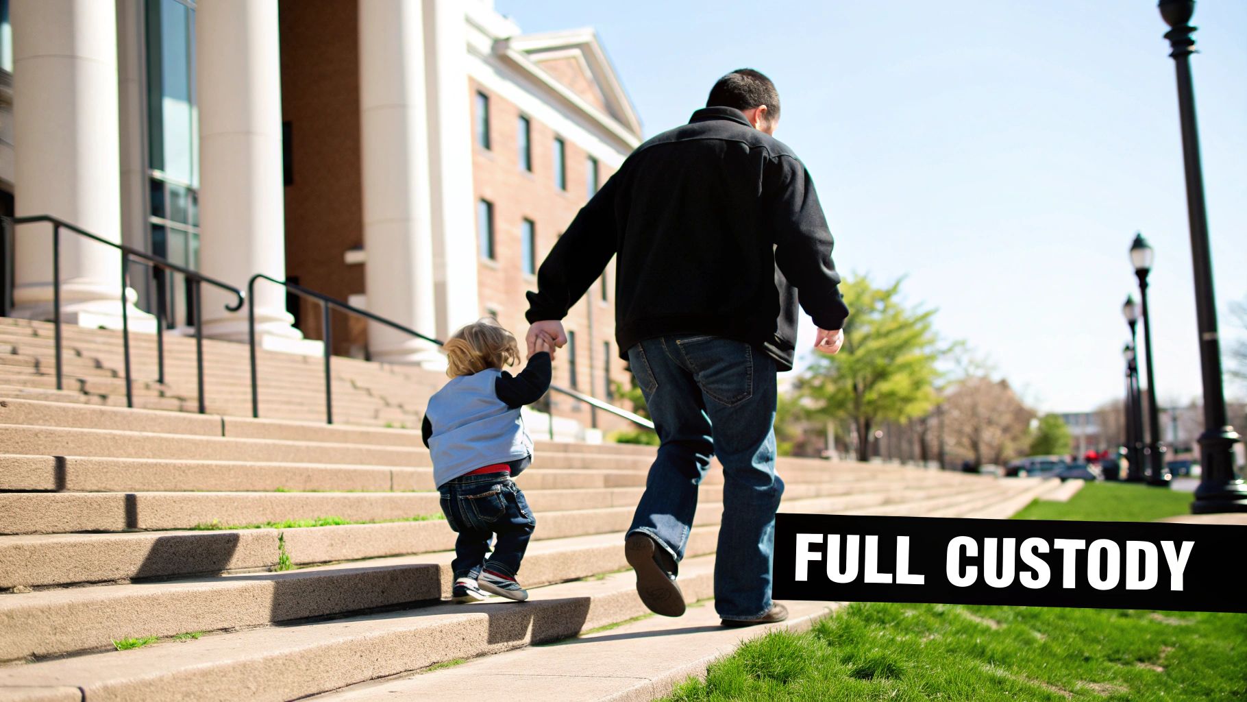 A father holds his young child's hand while walking.