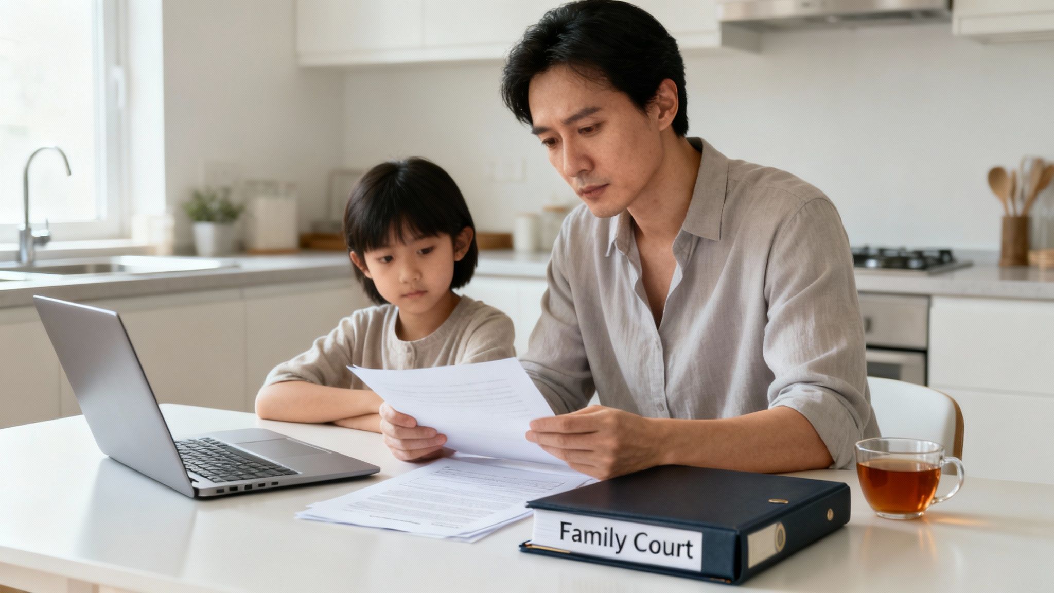 A man and child review 'Family Court' documents and a laptop in a bright kitchen.