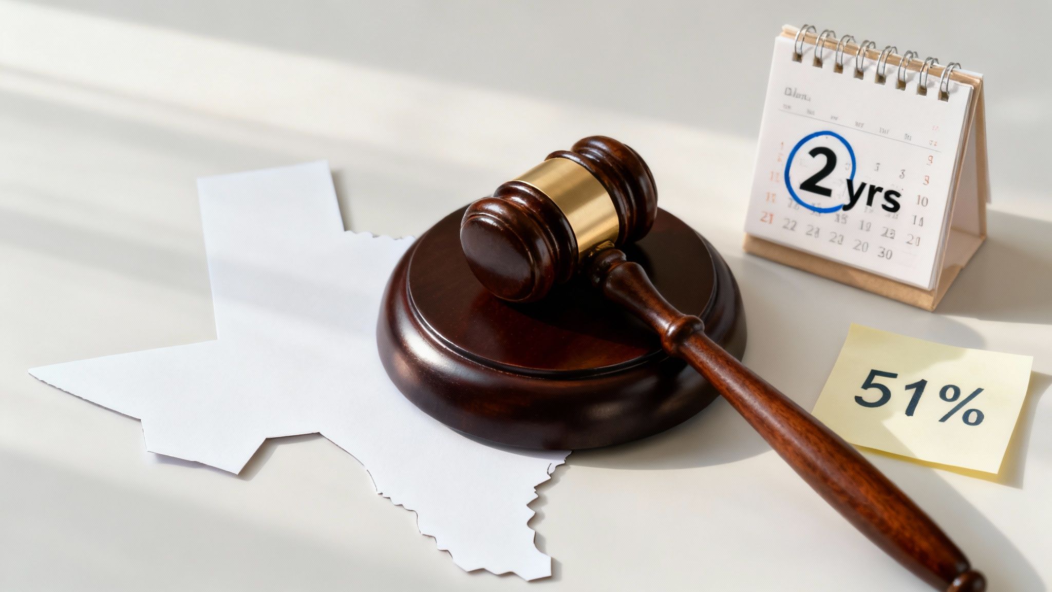 A gavel resting on a map of Texas, with a calendar showing '2 yrs' circled and a '51%' sticky note, symbolizing legal processes and timelines.