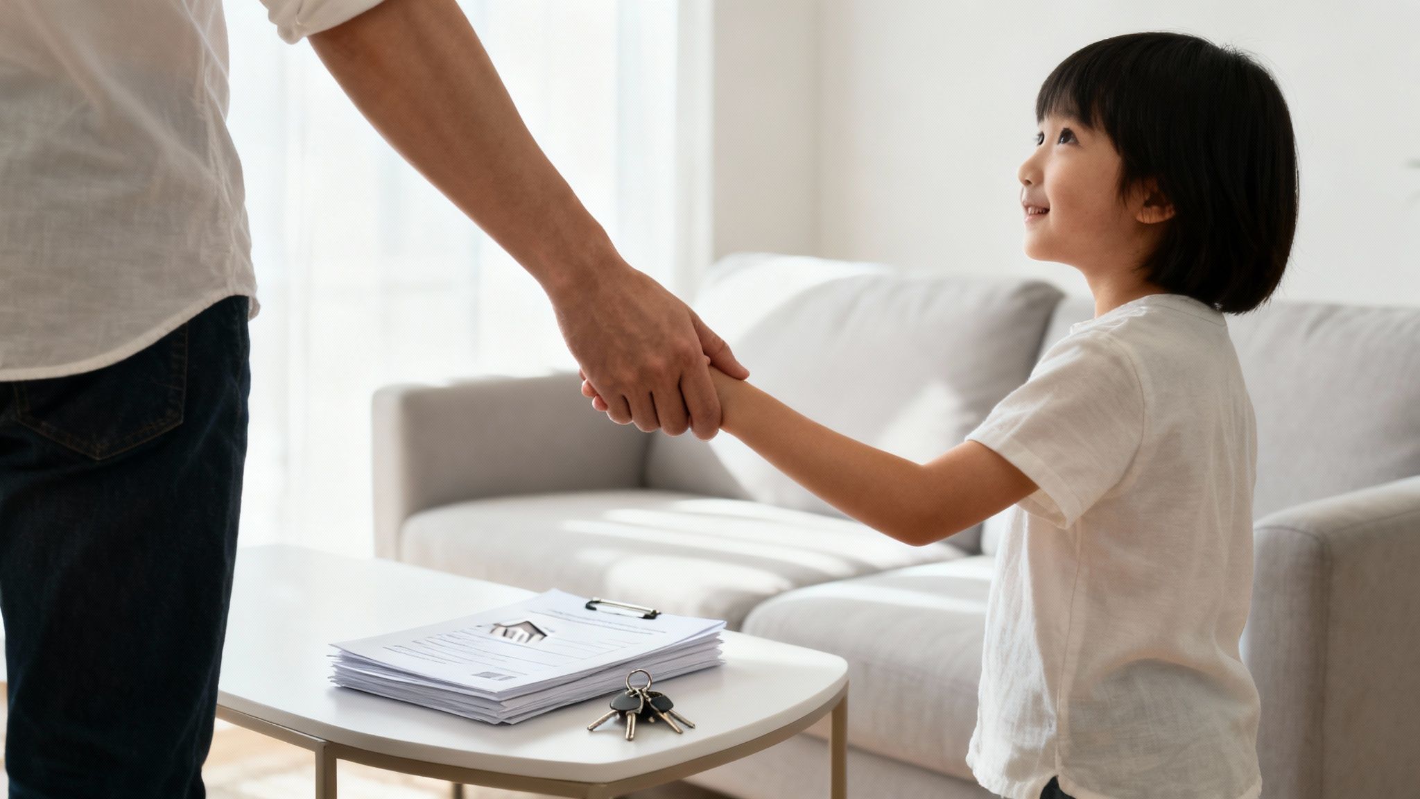 Father and daughter holding hands in a bright living room with house keys and documents on the table.