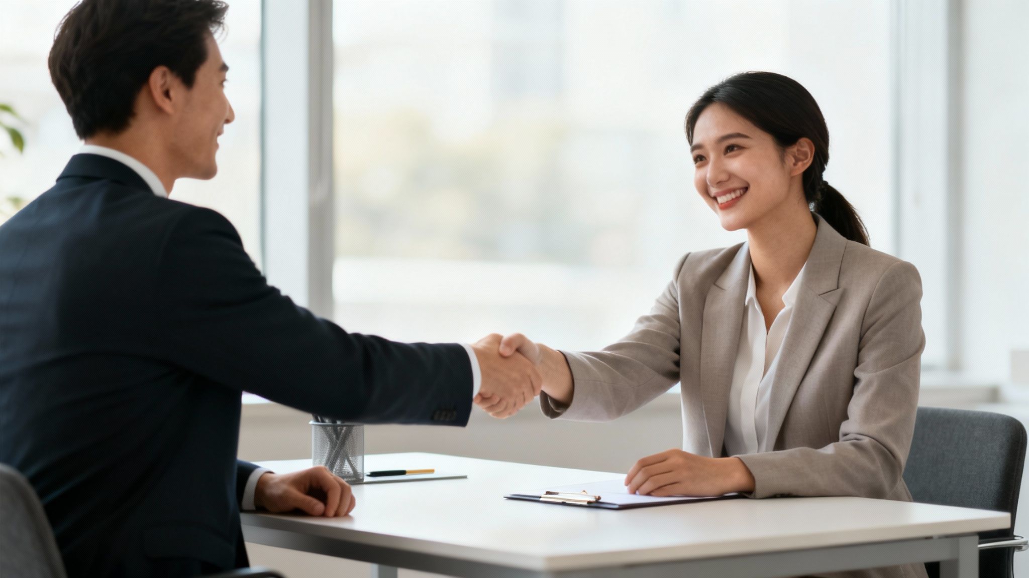 Professional handshake between a man in a suit and a woman in a blazer, symbolizing legal partnership and collaboration in sealing criminal records.