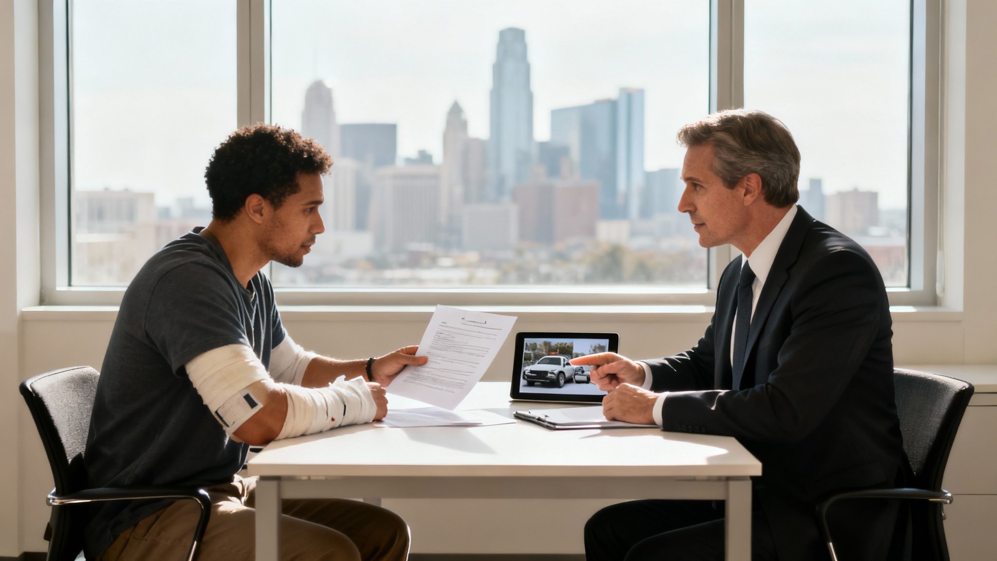 Man with bandaged arms consulting a lawyer about a car accident, discussing details on a tablet.