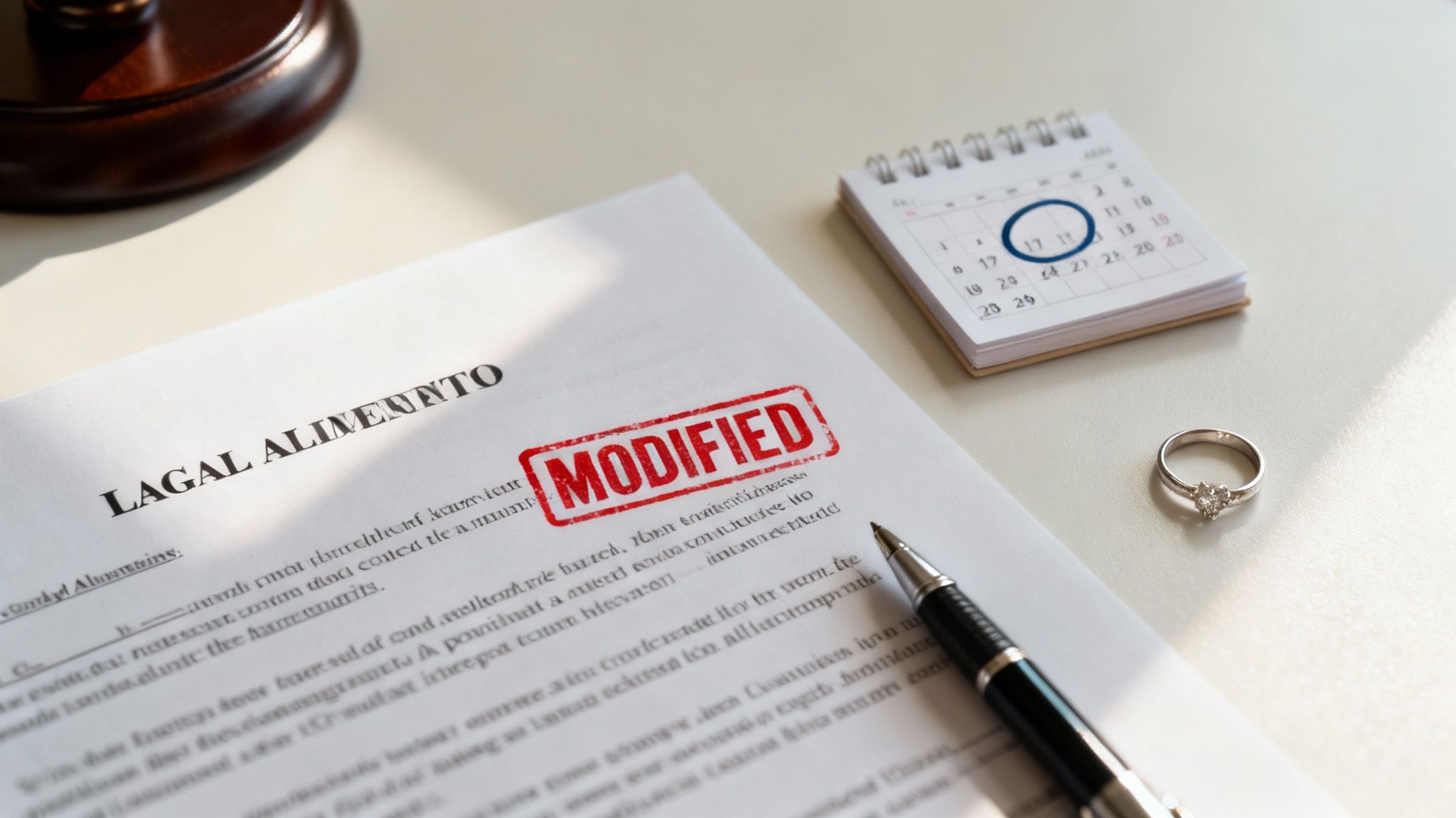 A legal document titled 'LEGAL ALIMONY' with a 'MODIFIED' stamp, a calendar, a diamond ring, and a gavel.