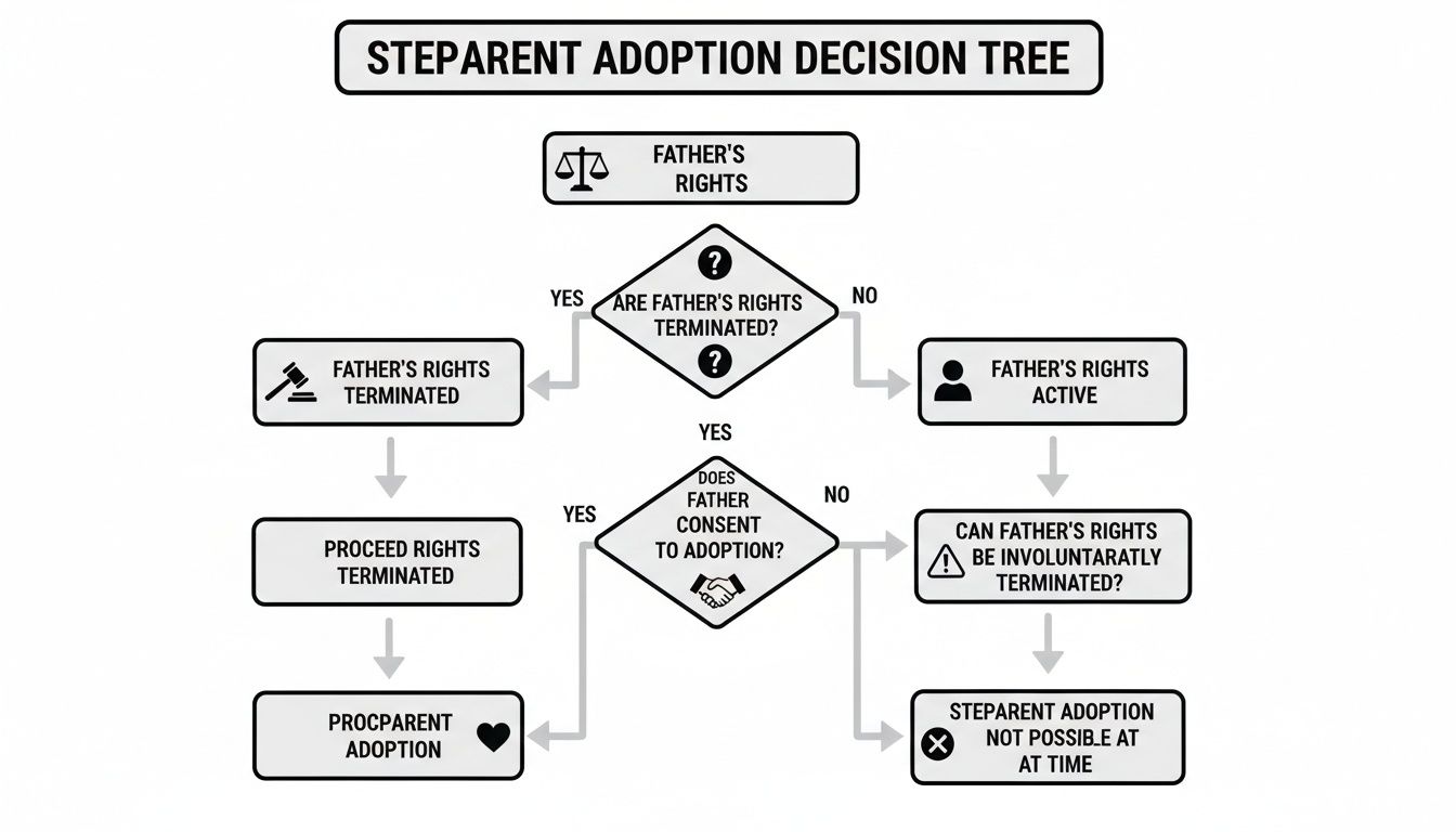 Flowchart detailing the stepparent adoption decision process, focusing on father's rights and consent.