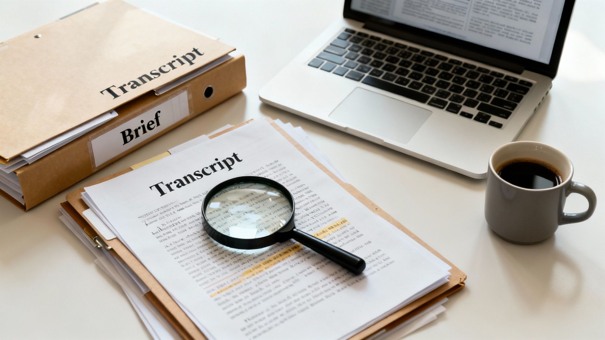 Legal transcript documents with magnifying glass, folders, and laptop on white desk for review
