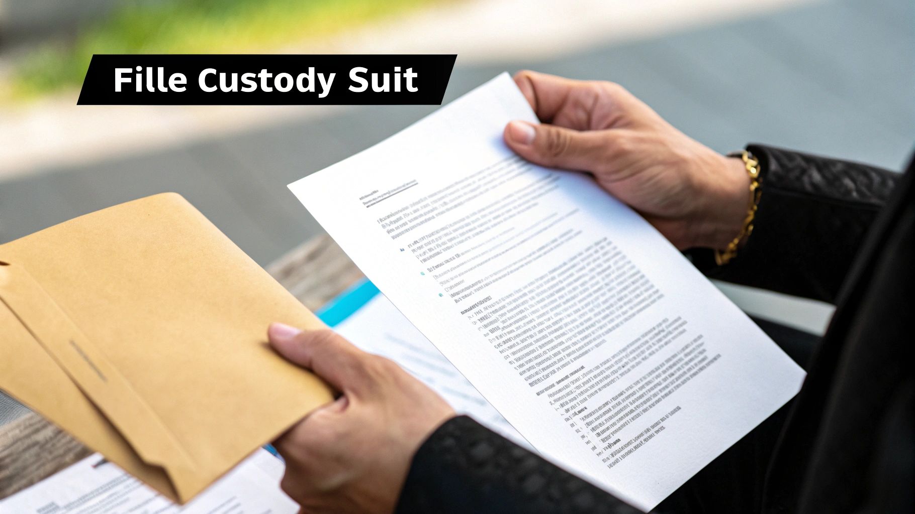 A close-up shot of legal documents related to child custody being reviewed on a wooden desk.