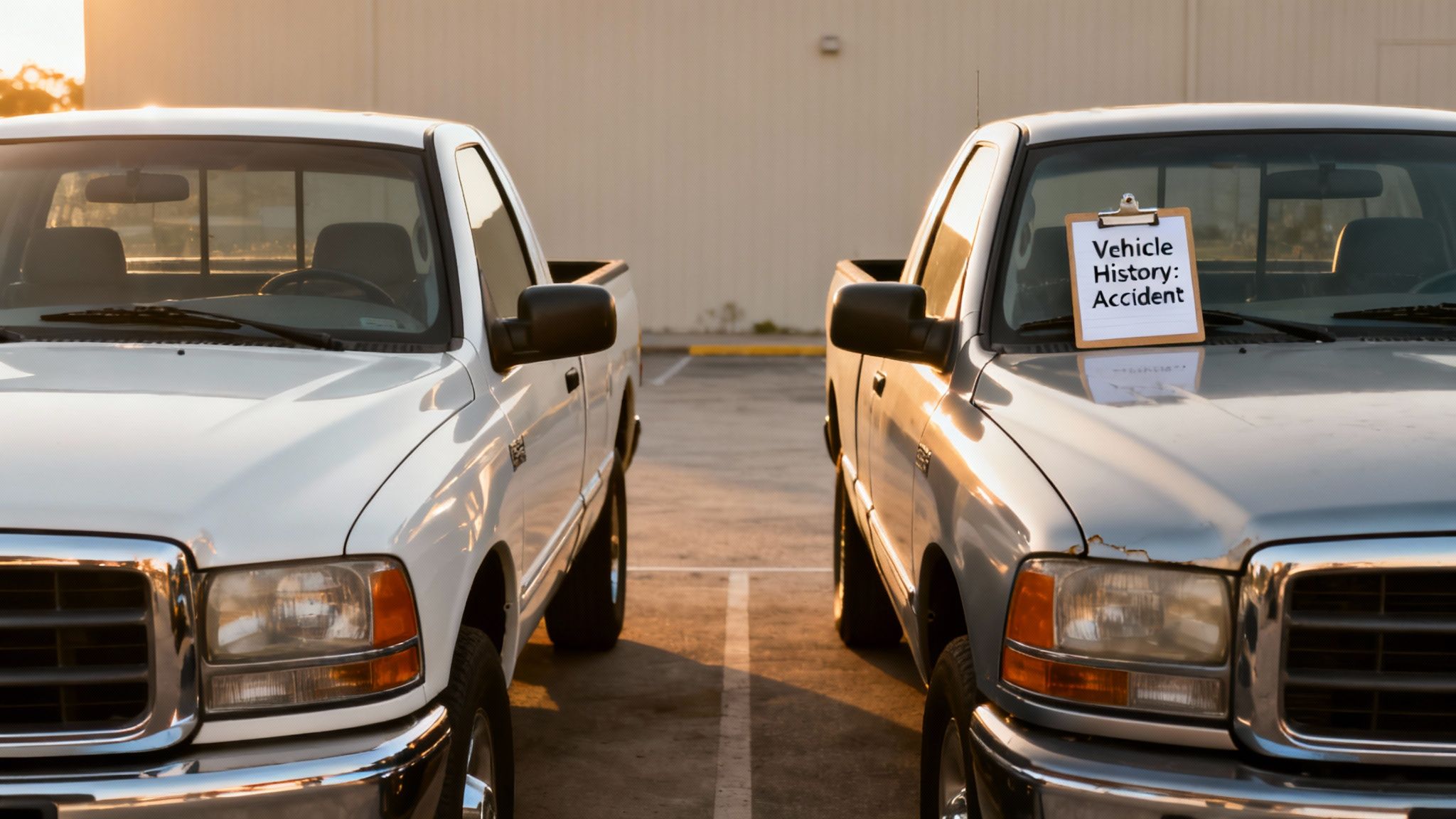 Two pickup trucks, one white and one silver, parked side-by-side with an 'Accident History' sign.