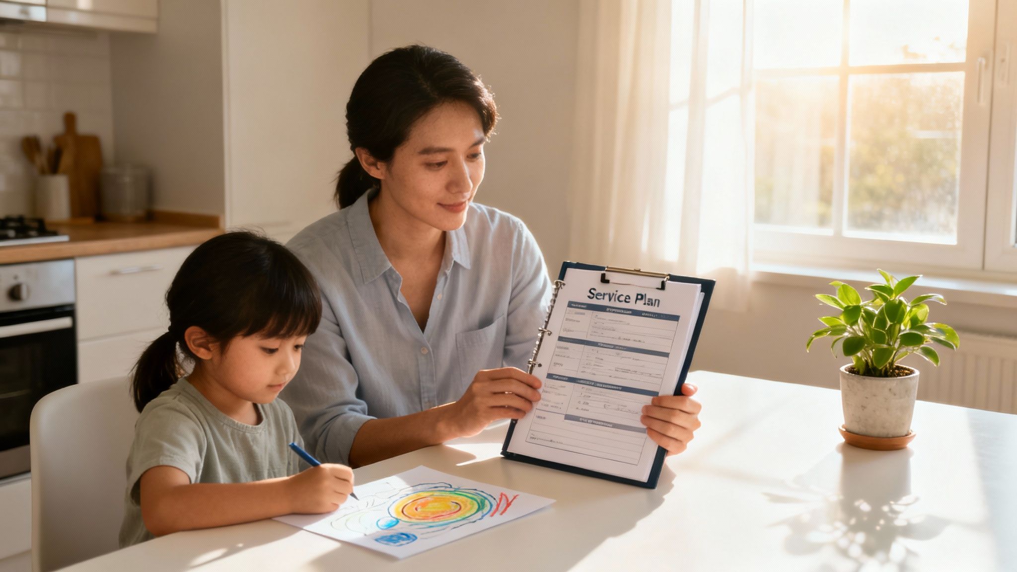 Mother and child reviewing a service plan at home, emphasizing parental commitment and progress in child welfare.