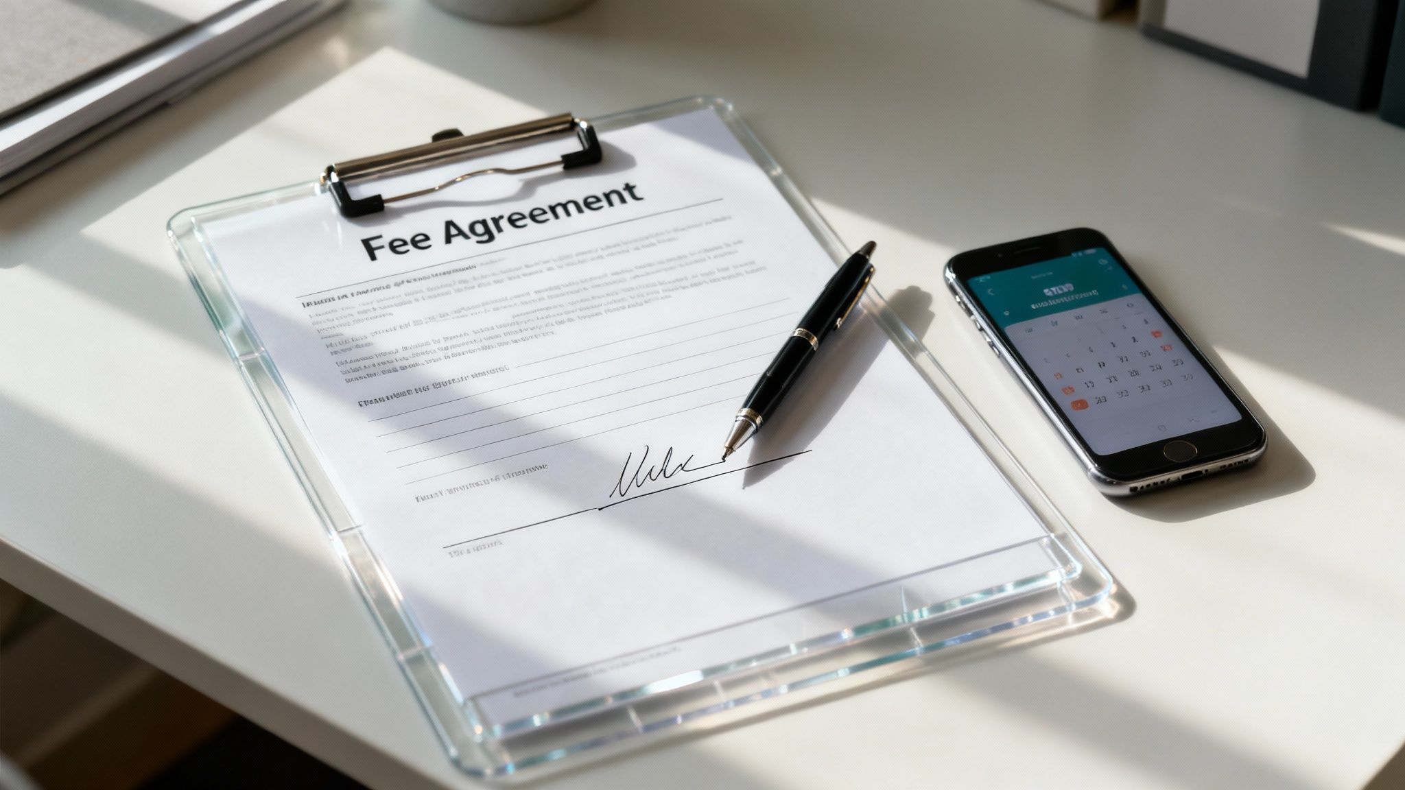 A signed 'Fee Agreement' document on a clipboard with a pen next to a smartphone displaying a calendar.