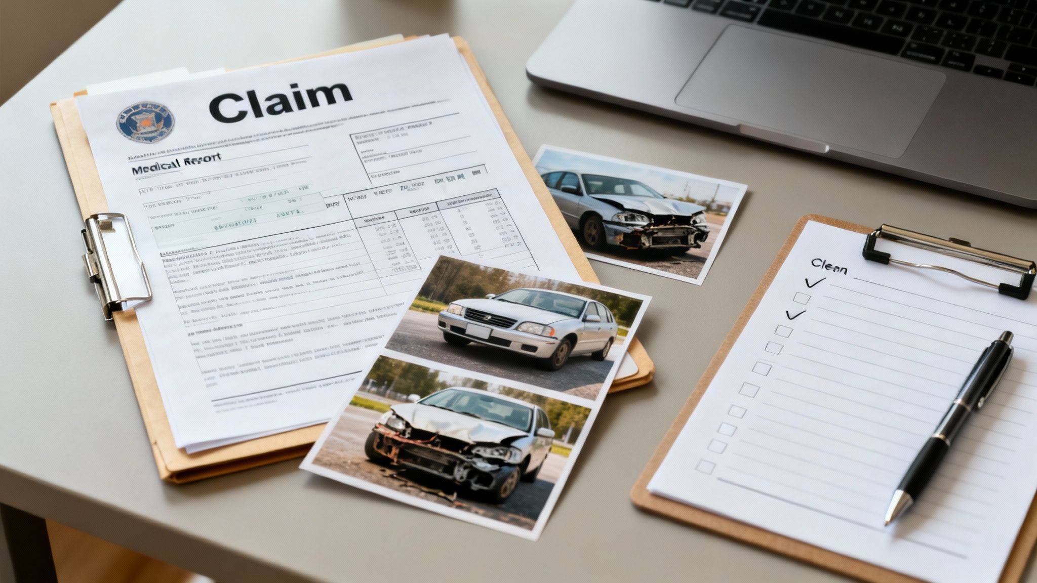 Desk with car insurance claim forms, photos of a damaged car, a laptop, and a checklist.