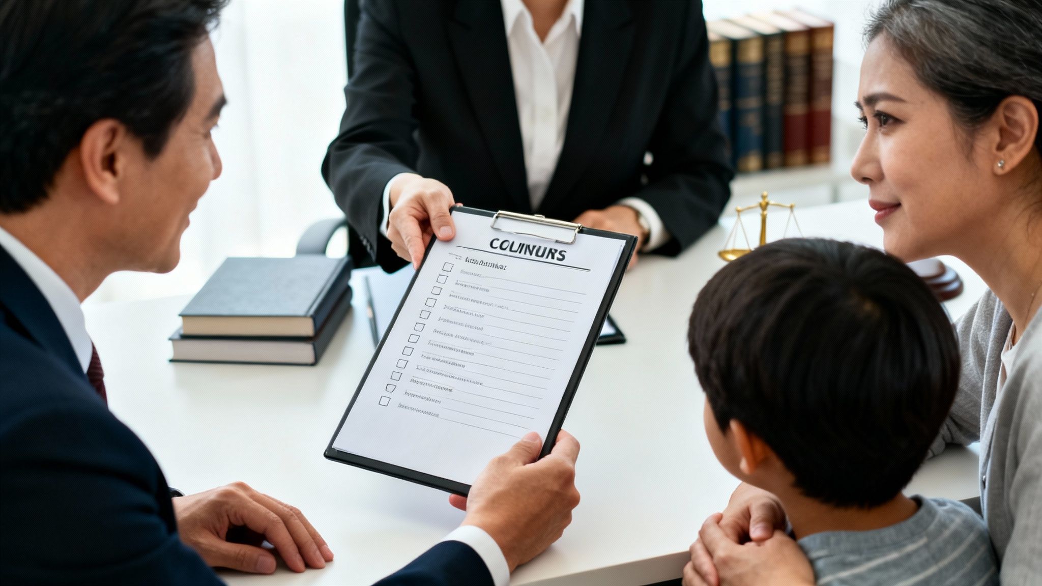 Family with child consults a lawyer, reviewing a legal document or checklist at a law office.