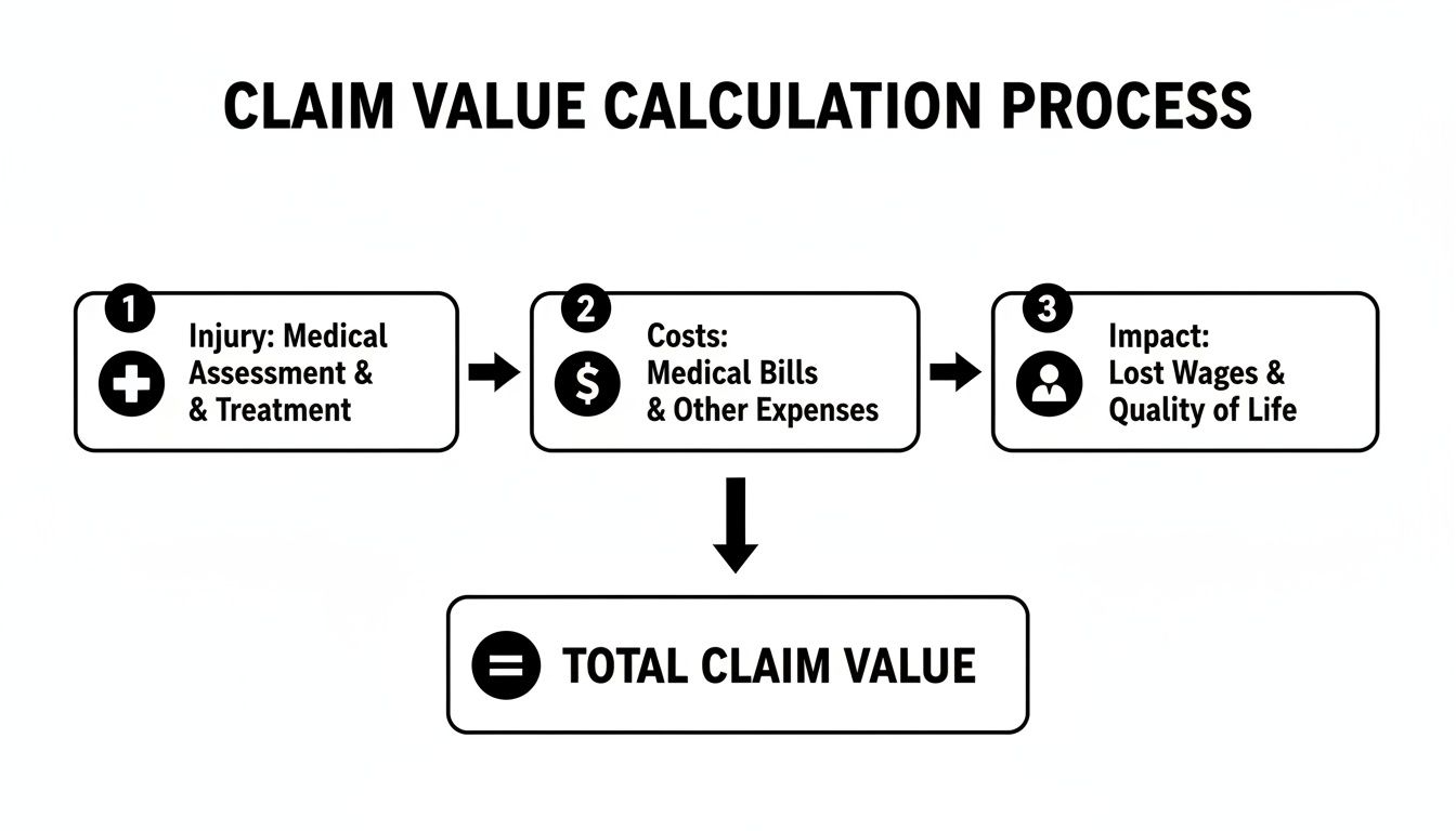 A flowchart detailing the steps to calculate a claim's total value, from injury assessment to medical costs and quality of life impact.