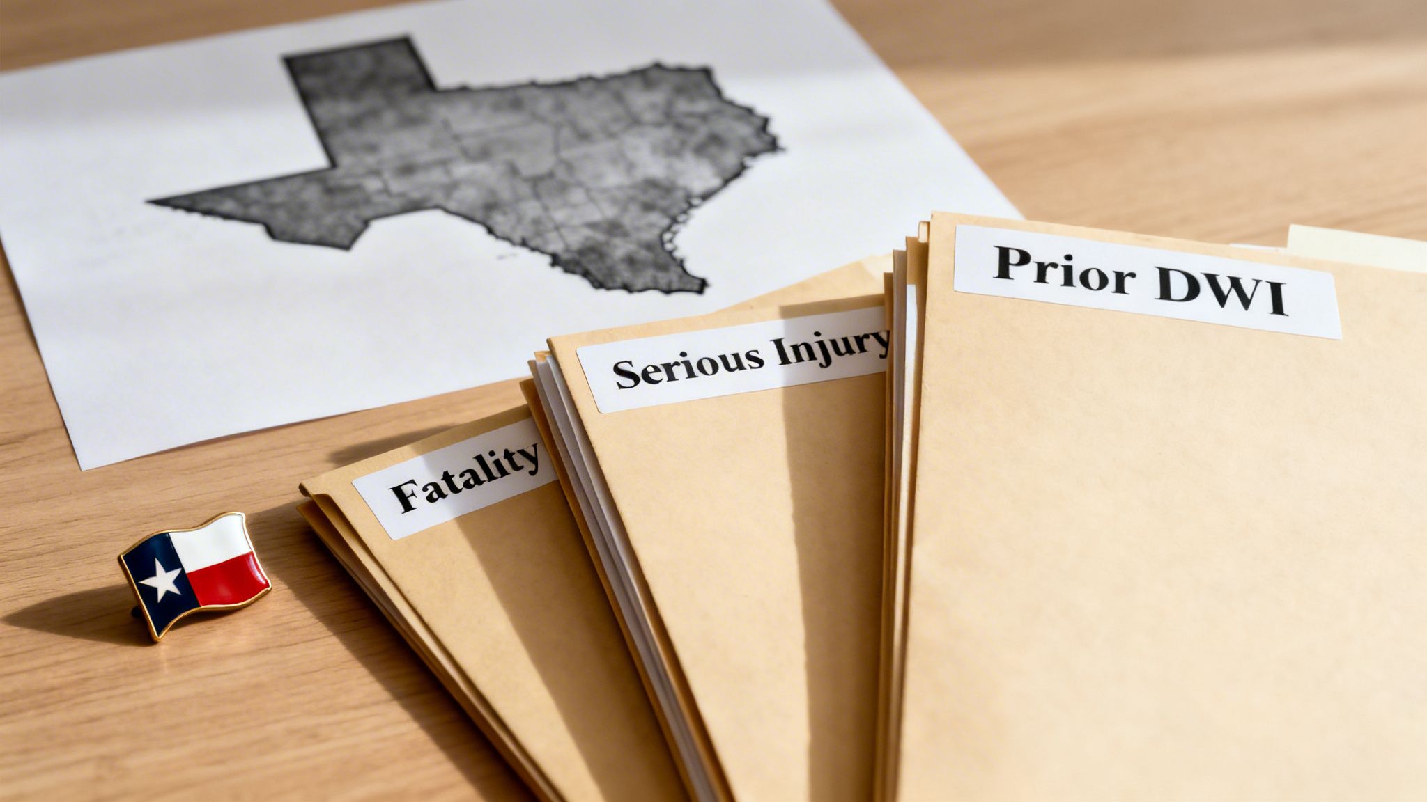 Folders labeled 'Fatality,' 'Serious Injury,' and 'Prior DWI' next to a Texas map and flag pin.
