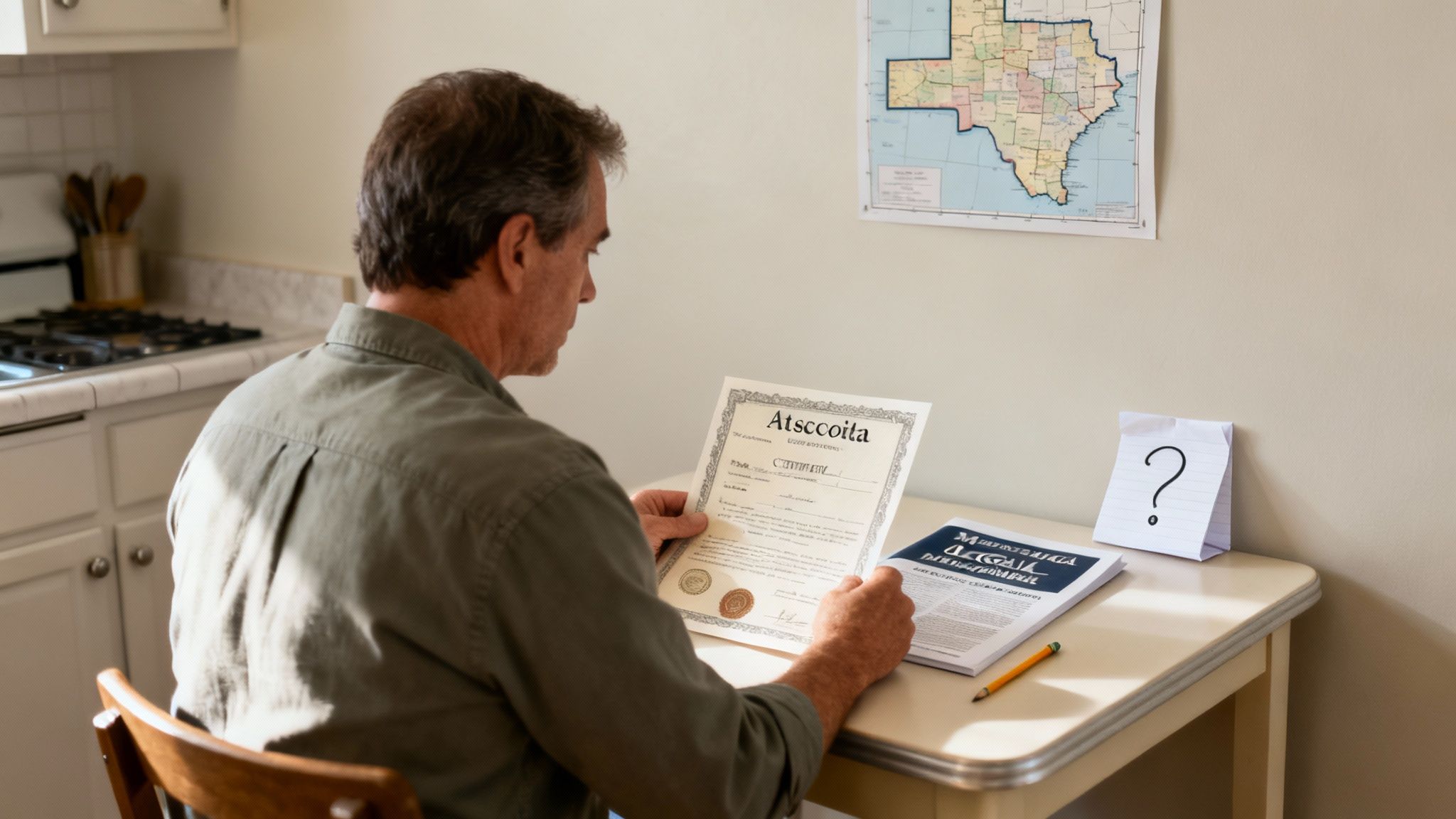 Man reviewing annulment documents with an Atascocita certificate on a table, Texas map in the background, and a question mark note, illustrating the legal process of annulments in Texas.