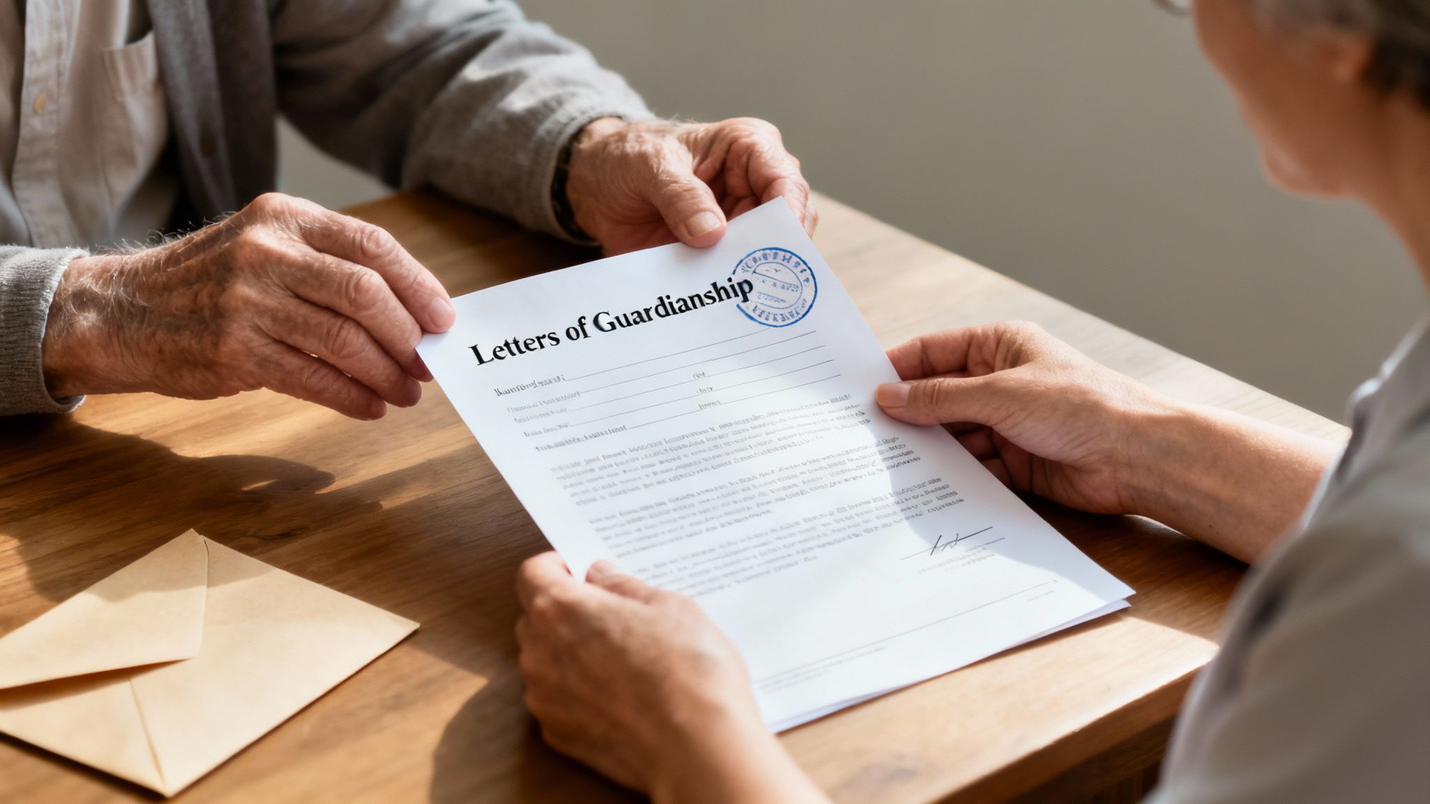 Hands exchanging a Letter of Guardianship document, emphasizing legal authority for care, relevant to Texas families navigating guardianship processes.
