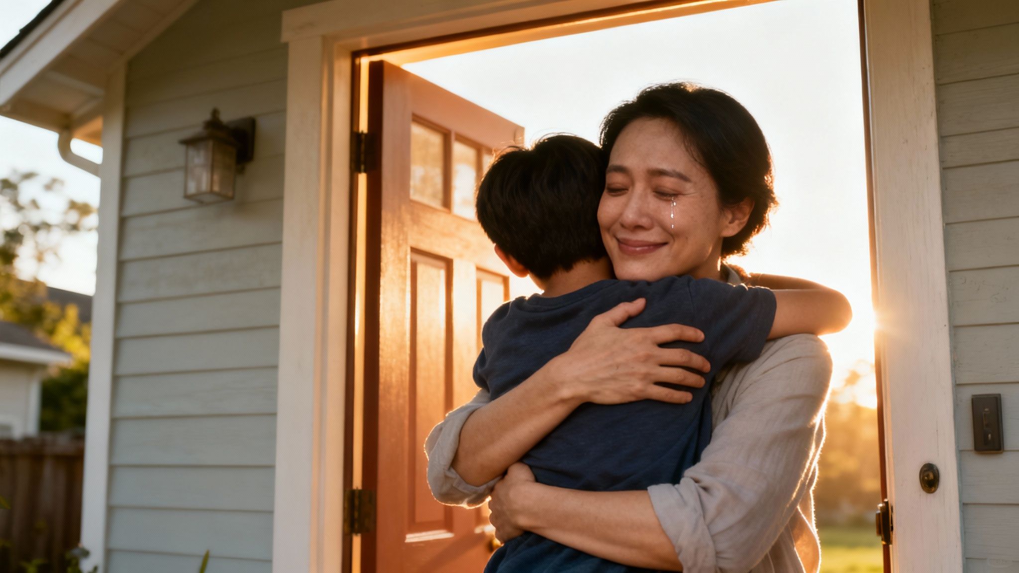 A family walking hand-in-hand toward a sunset, symbolizing hope and reunification.
