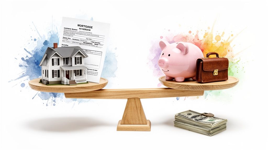 A wooden balance scale comparing a miniature house and mortgage document with a piggy bank, briefcase, and cash.