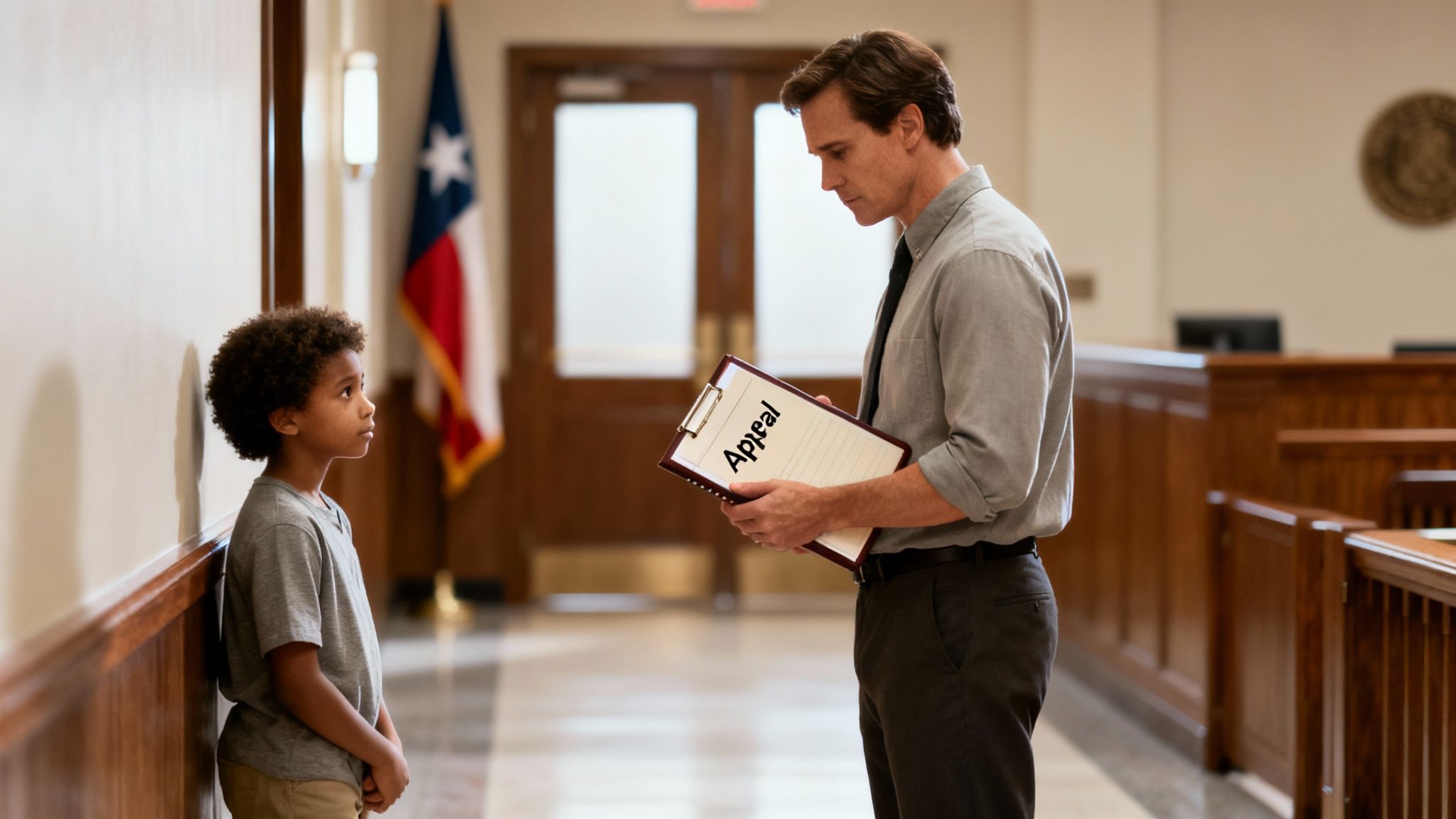 A man in a courthouse shows a document with 'Appeal' to a young boy.