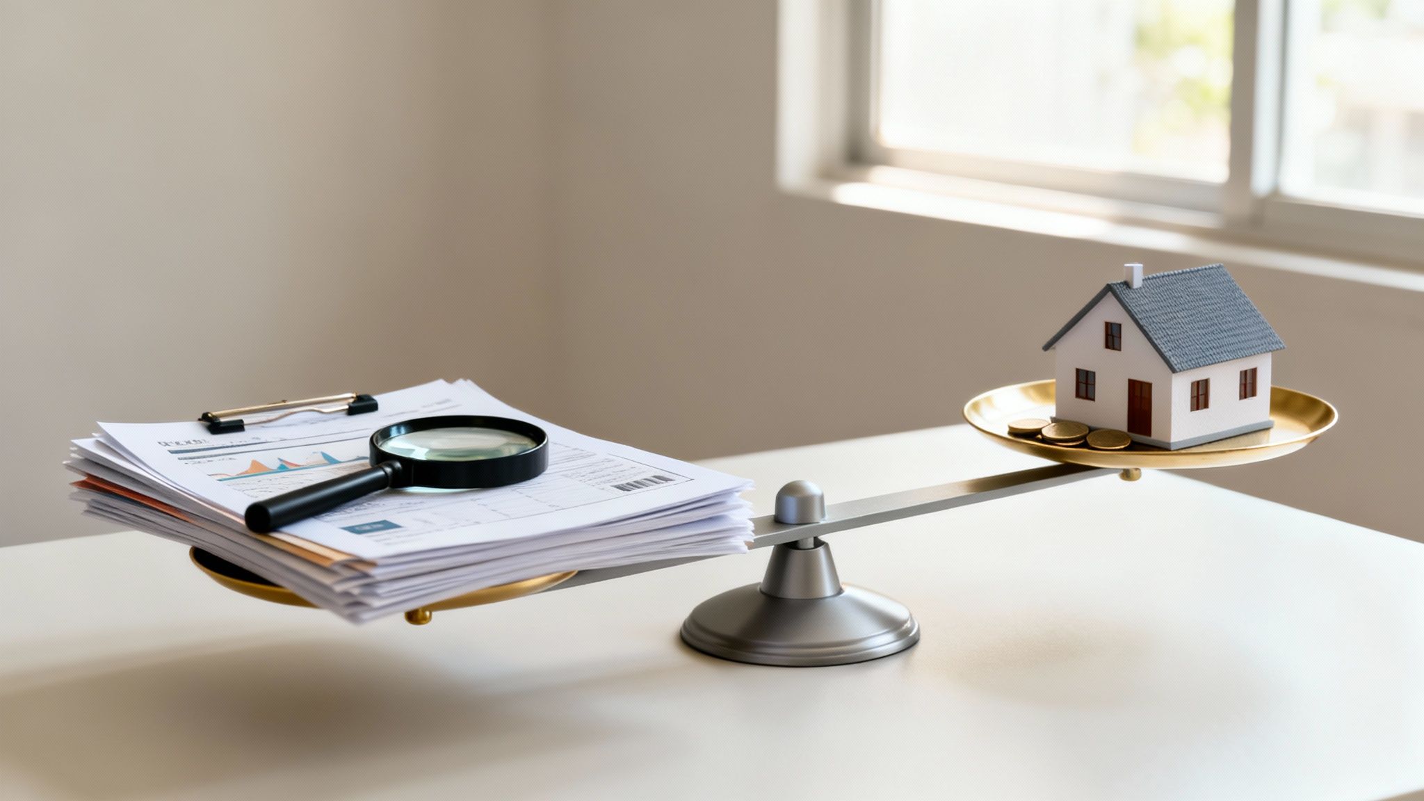 Scales balancing a model house and coins against financial documents and a magnifying glass, symbolizing property valuation.