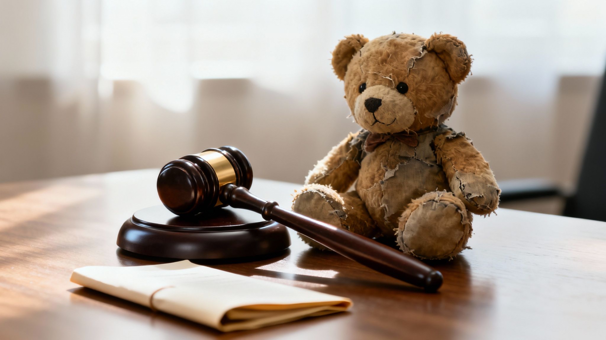 A brown judge's gavel and a worn-out teddy bear sit on a wooden desk, symbolizing child law.