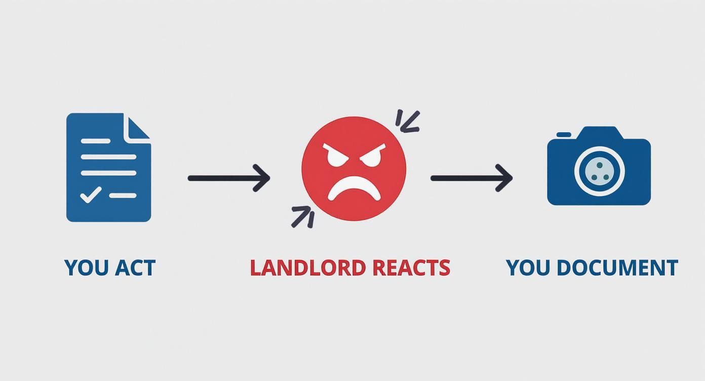 Visual guide illustrating tenant rights process: document actions, landlord reactions, and the importance of documentation in eviction cases.