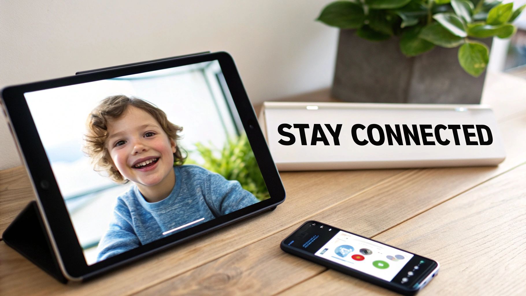 A parent and child talking happily on a video call, illustrating virtual communication.