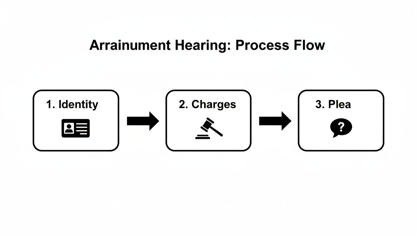 Flowchart illustrating the arraignment hearing process: identity verification, charges presentation, and plea.
