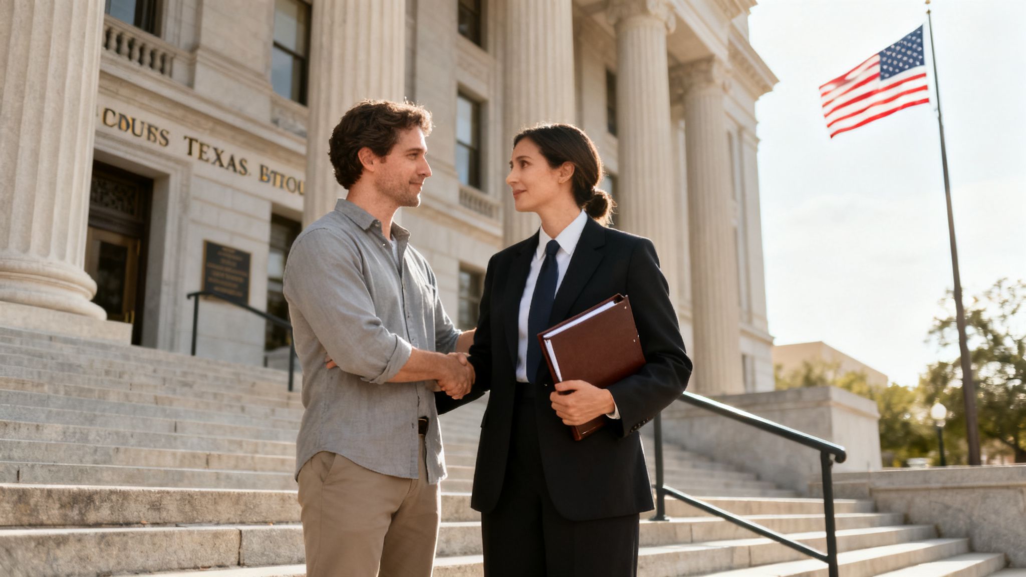 A lawyer in a suit shakes hands with a client on courthouse steps under an American flag.