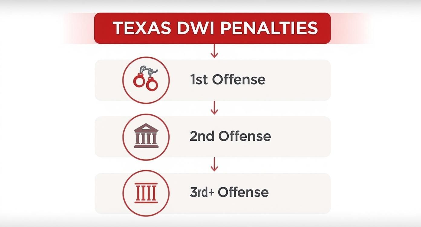 Texas DWI penalties infographic illustrating consequences for first, second, and third offenses with icons representing handcuffs, a courthouse, and prison bars.