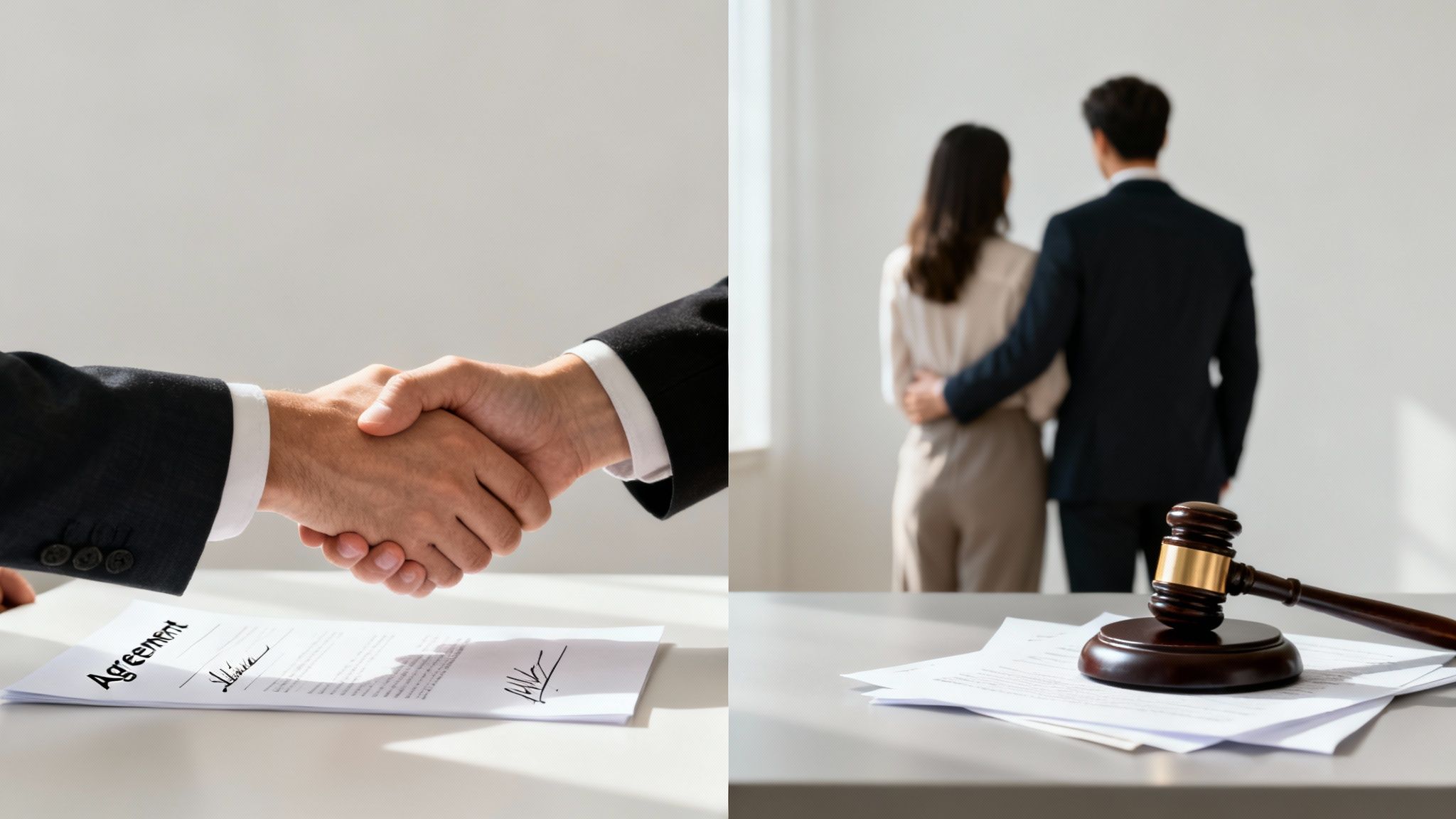 Handshake over divorce agreement papers with a couple embracing in the background, symbolizing collaboration in divorce proceedings and legal guidance.
