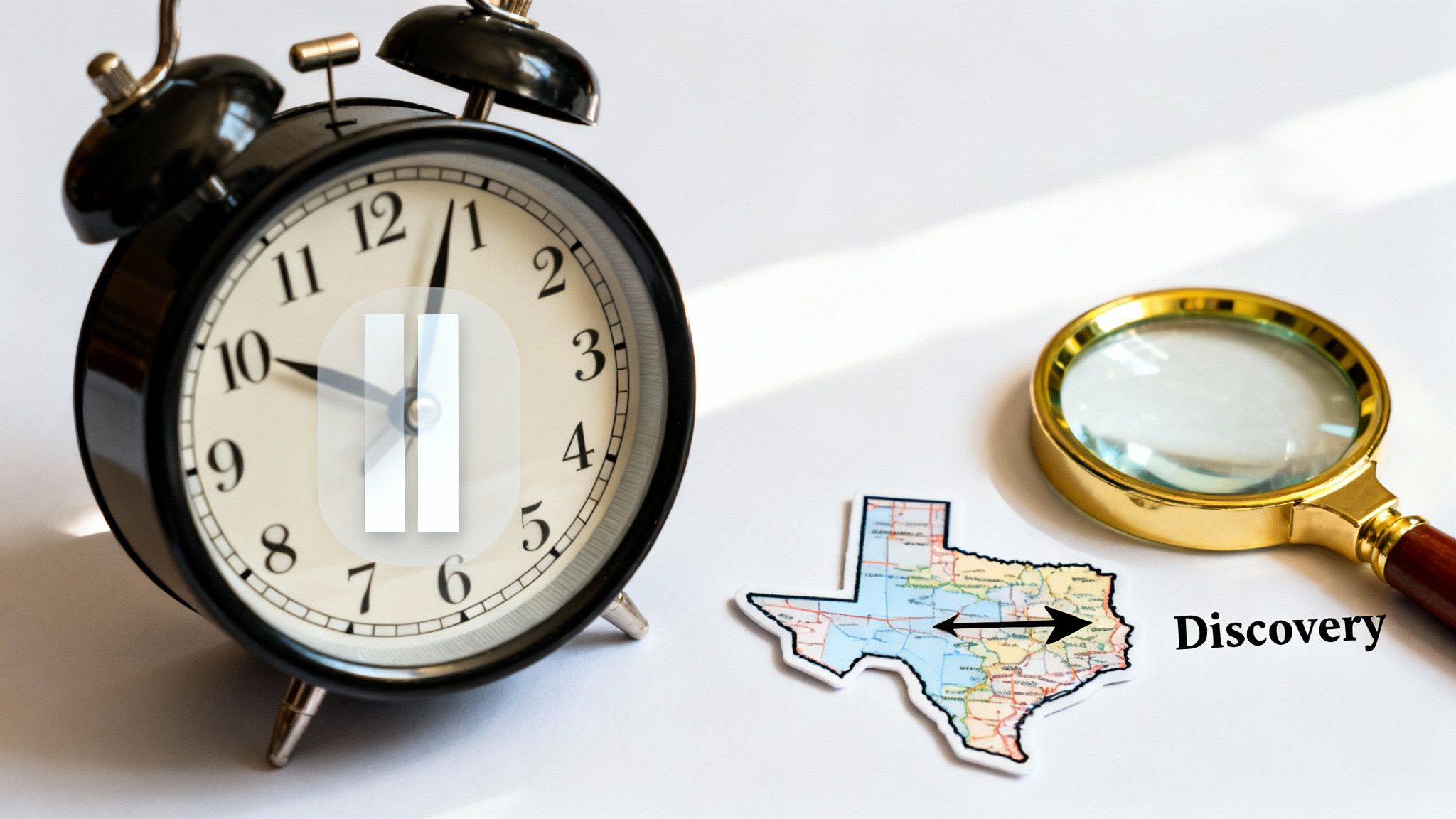 Alarm clock with pause icon, Texas map, magnifying glass, and 'Discovery' text on white background.