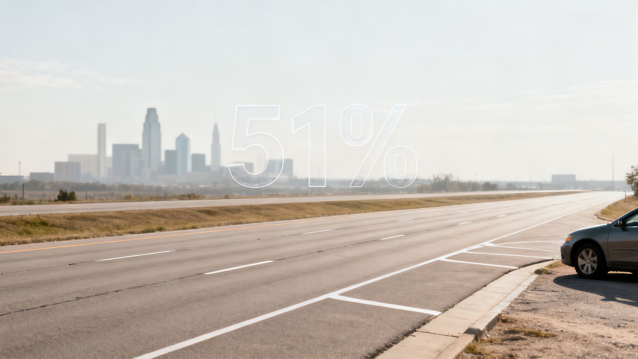 A car parked on the shoulder of a highway, with a blurry city skyline and '51%' text.
