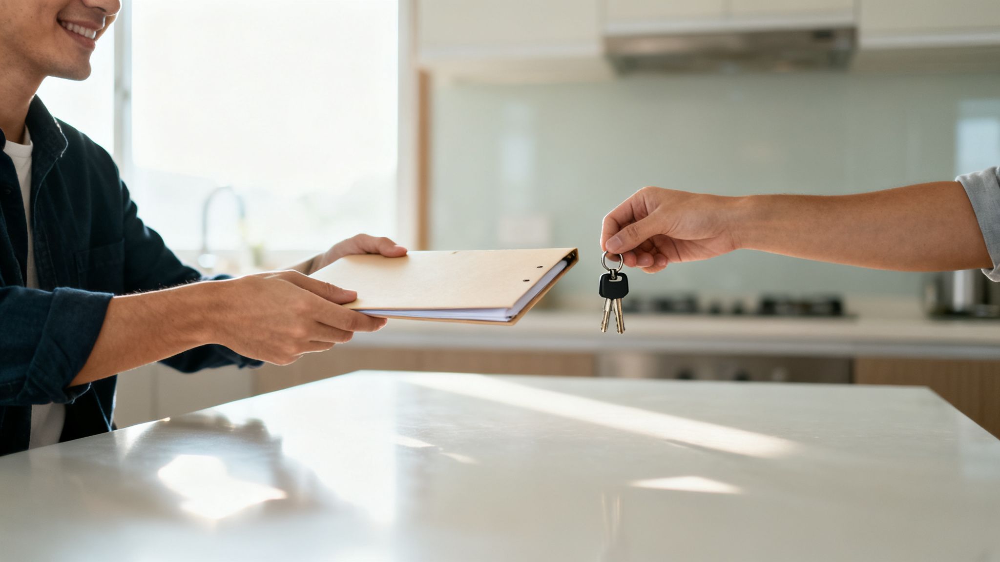 Hands exchanging a document folder and a set of house keys in a modern home interior.