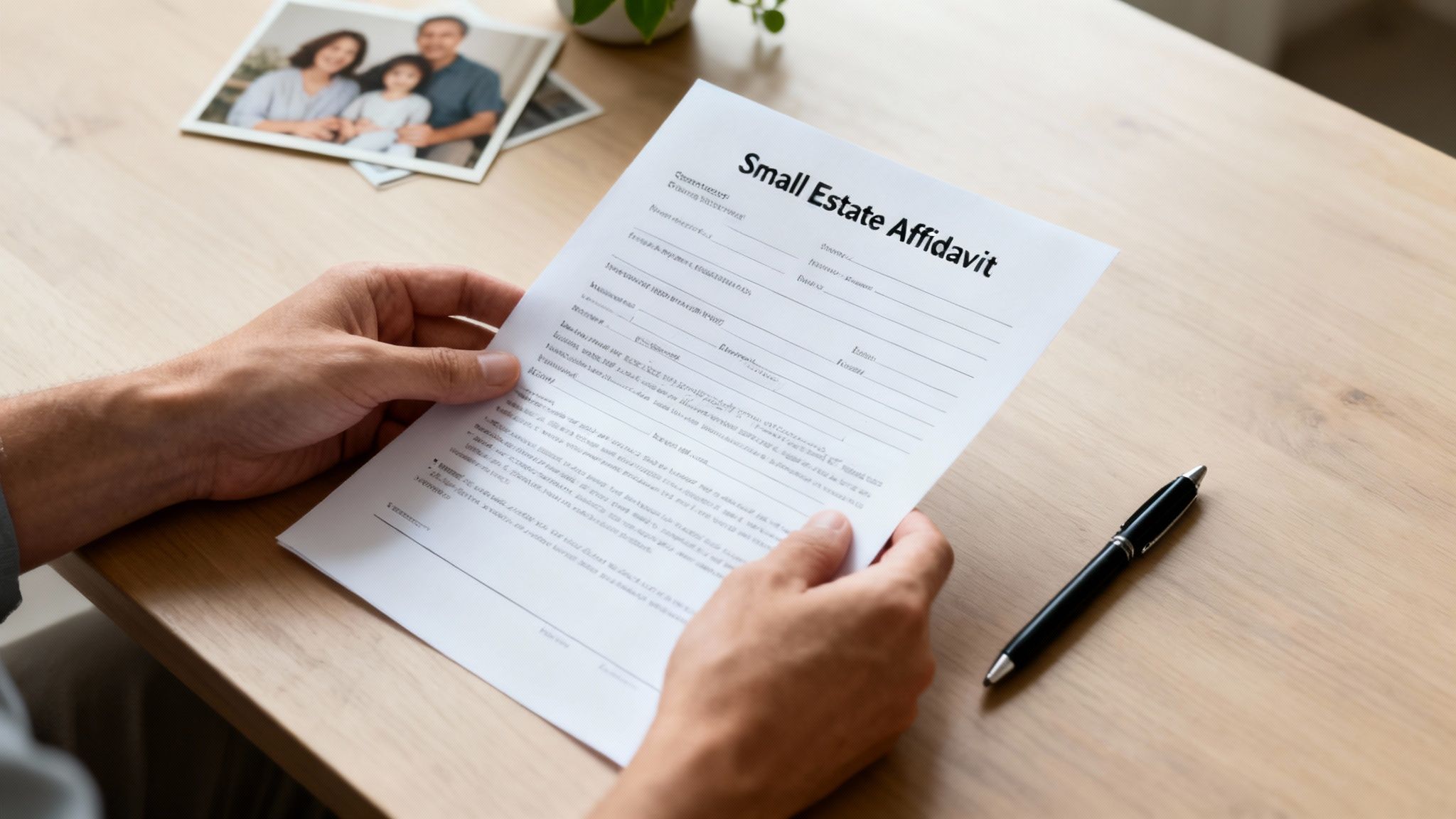Hands holding a Small Estate Affidavit form on a wooden table next to a pen and a family photo.