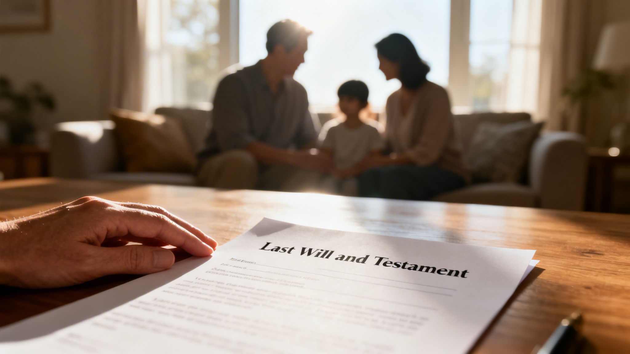 A person's hand rests on a Last Will and Testament document, with a blurred family in the background.