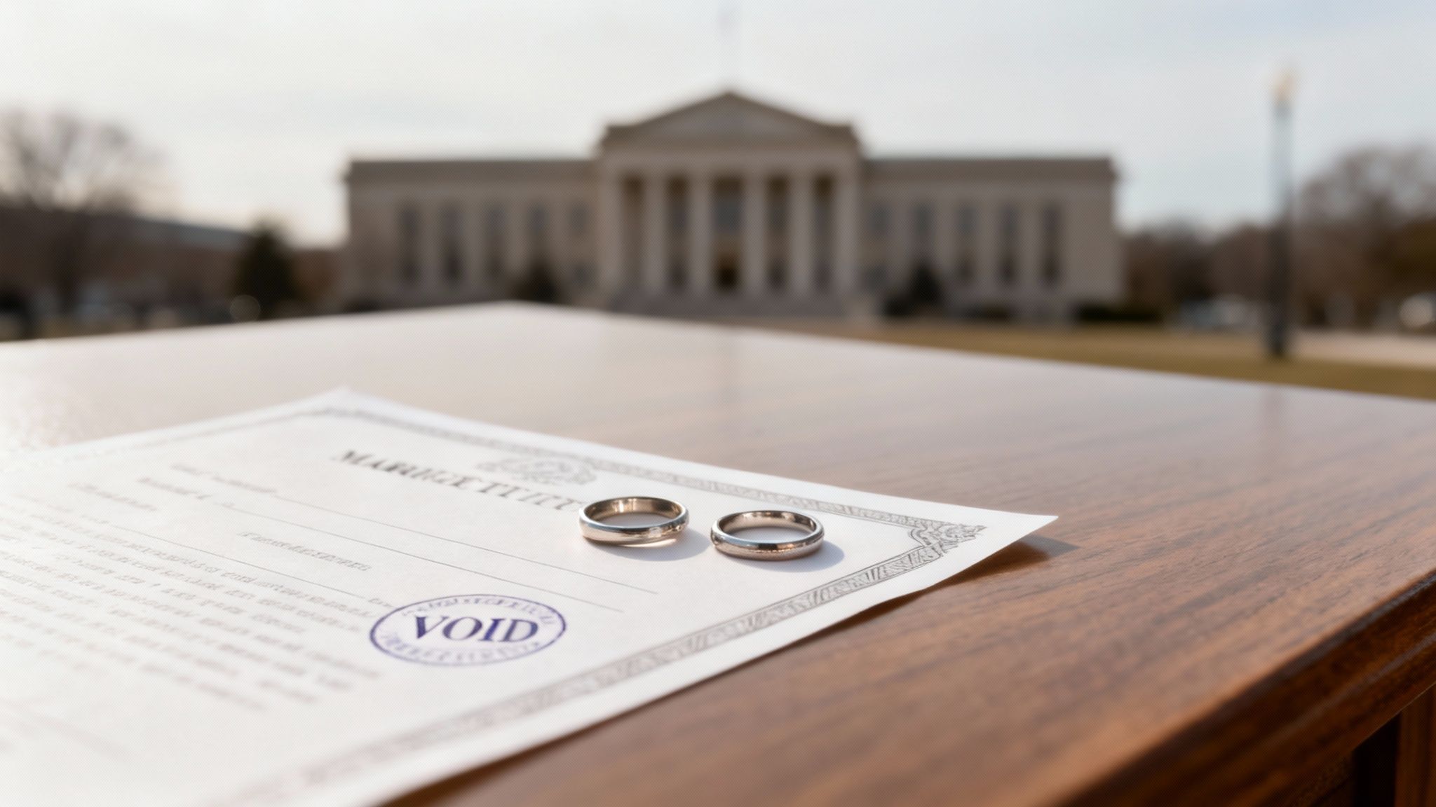 Marriage certificate marked "VOID" next to two wedding rings, symbolizing marriage annulment in Texas, with a courthouse in the background.