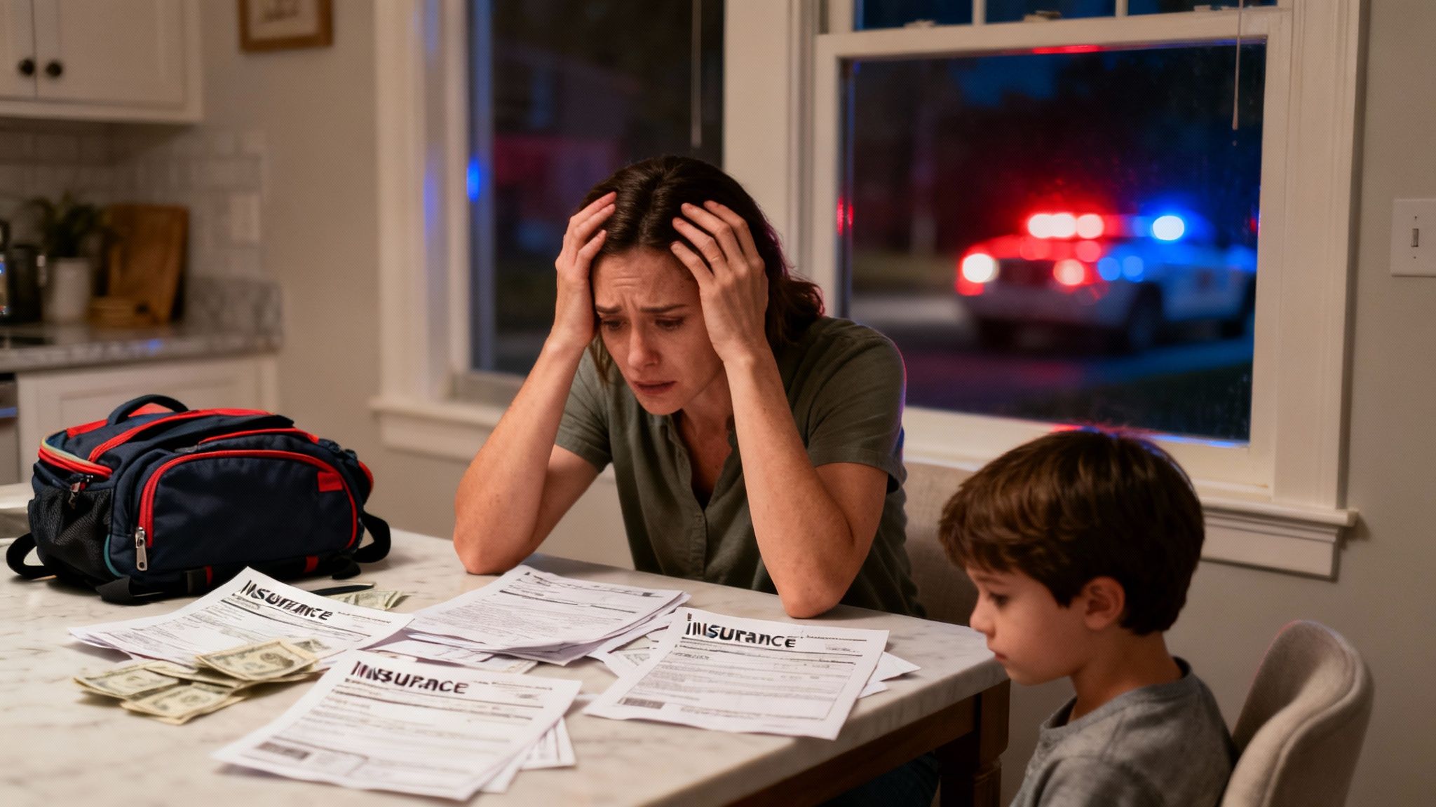 Distressed woman looks at insurance papers and cash while a police car flashes outside her home.