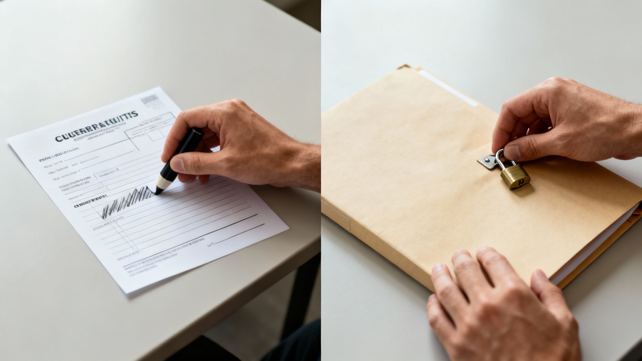 Hands engaging with documents: one writing on a form, the other locking a folder with a padlock.